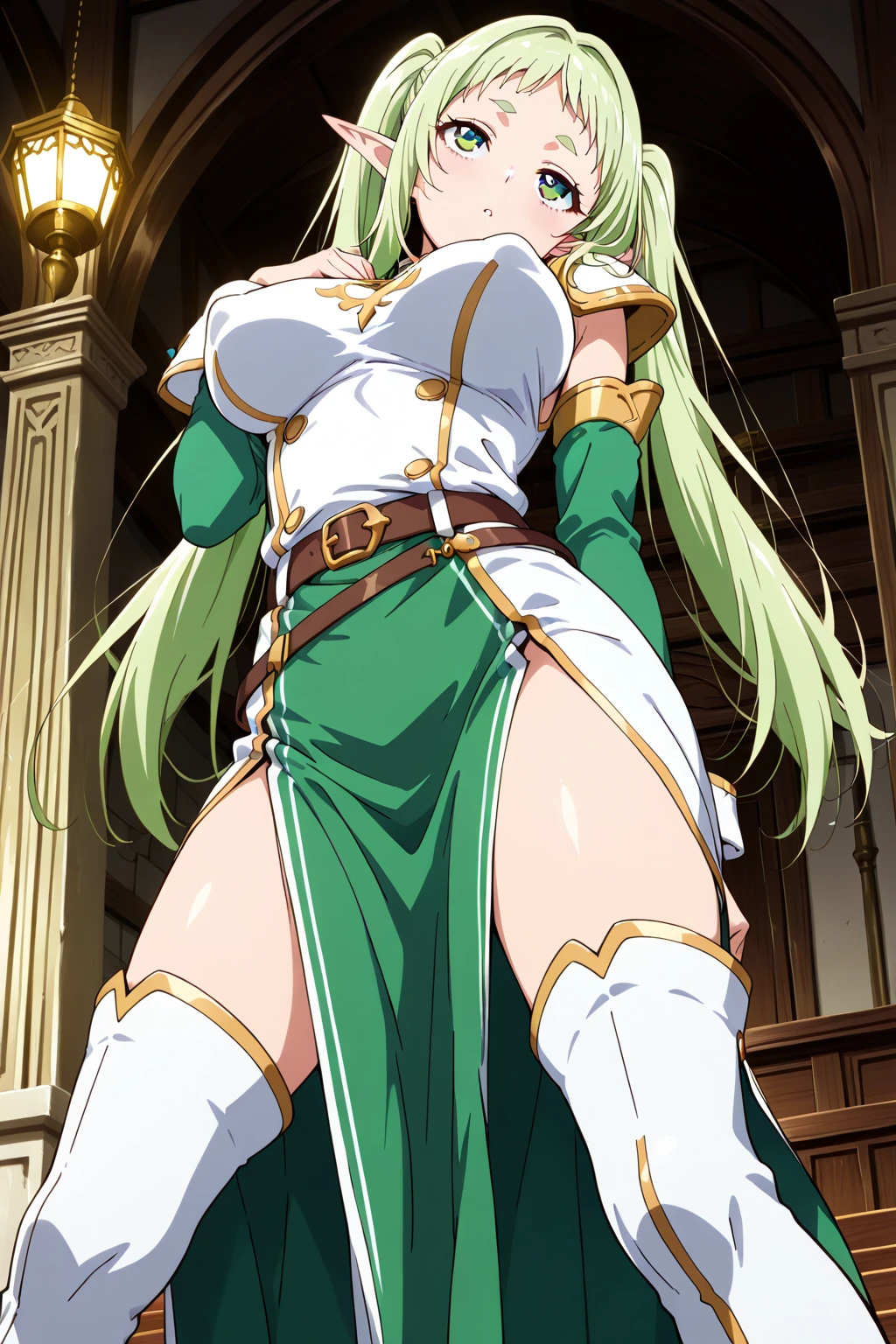 score_9, score_8_up, score_7_up,,BREAK source_anime,(from below,breast below view),,mediumshot,sitting,legs apart,looking at viewer, 1girl, celes chere, final fantasy.blonde hair, blue eyes, (ultra micro bikini,green bikini),large breasts,cleavage,pointy breasts,, white cape, vambraces,bracer, very long hair, bangs, closed mouth,(tundere,,bulsh),indoor, (best quality),(aesthetic,very aesthetic),masterpiece, highres, (anime screenshot:0.5),,graceful posture,lean but curvy body, slender waist, round hips, highly detailed,