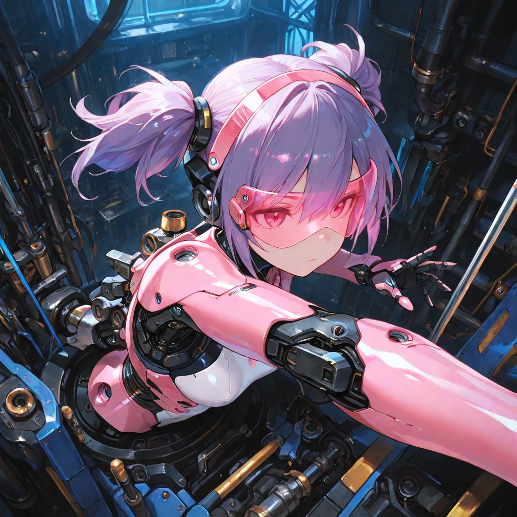 ((Highest quality)), ((masterpiece)), (detailed), （Perfect Face）、The female machine is in pieces、The entire body is mechanical and there are no fleshy parts. The mechanical woman is a machine named Lacus Clyne with blue eyes and semi-long pink hair. Her entire body is mechanical and she is a beautiful female machine with a sexual function.、A perfect mechanical woman、A female machine that has been disassembled into five parts and suspended in a laboratory, with the head, arms and legs removed from the torso and all five parts disassembled and undergoing maintenance.、An unfinished female machine with cords coming out of the joints