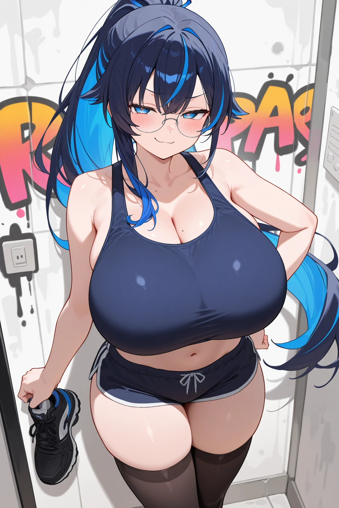 A young woman with a geeky, nerdy style, wearing glasses and a t-shirt with a nerdy pop culture reference. She has a playful, fun-loving personality, and is surrounded by comic books and video games. big tits, bare tummy, slim waist, thick thighs, deep cleavage, hot expression, slutty