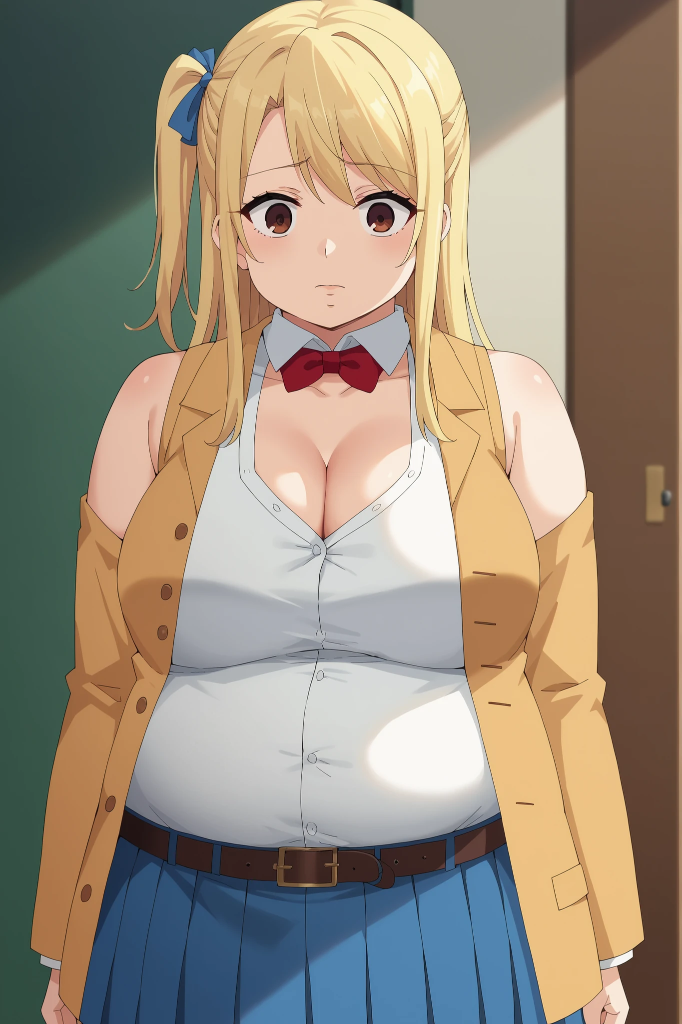 score_9, score_8_superior, score_7_superior, score_6_superior, sauce_anime, Break 1 Girl, woman, Solo p5 principal, Fat, obesity, masterpiece, best quality, amazing quality,, lucy heartfilia, long hair, blonde hair, brown eyes, mature female, breasts, anime screencap, skirt, ribbon, cleavage, bare shoulders, collarbone, hair ribbon, sleeveless, one side up, blue ribbon, blue skirt, pleated skirt, belt, Jacket, formal, White shirt, Red bow tie, belt, pants, woman化,