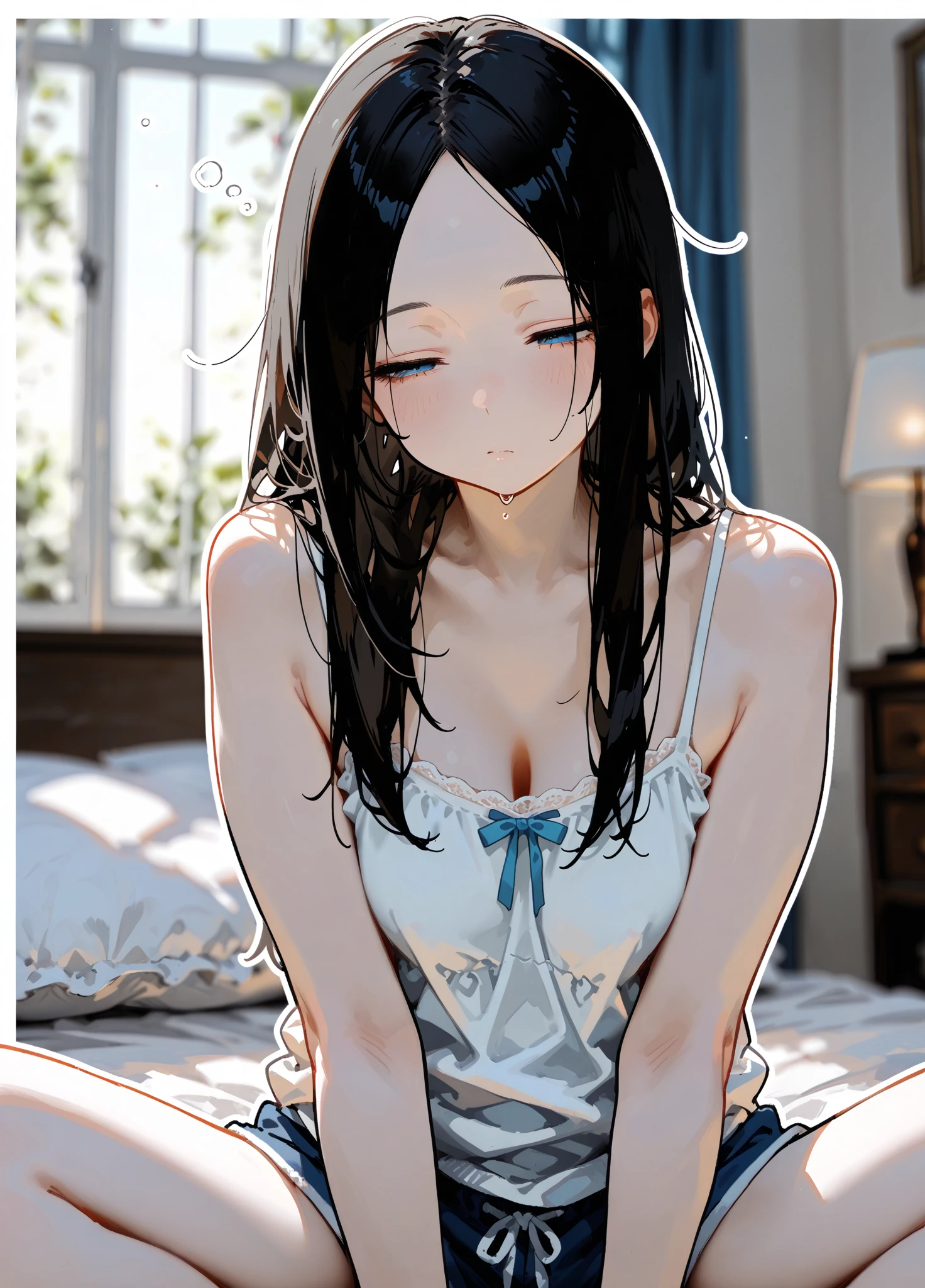 Black hair long big beauty bed opens crotch、Full naked