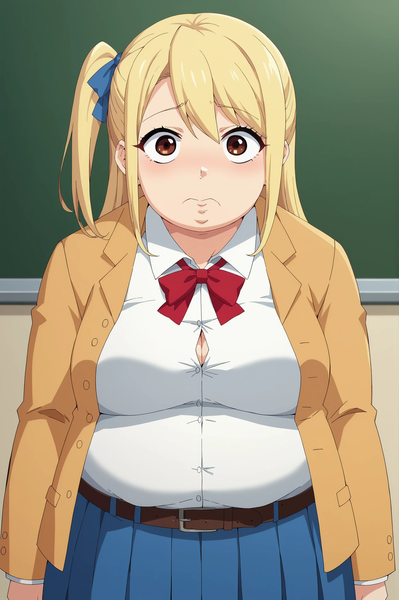 score_9, score_8_superior, score_7_superior, score_6_superior, sauce_anime, Break 1 Girl, woman, Solo p5 principal, Fat, obesity, masterpiece, best quality, amazing quality,,  lucy heartfilia, long hair, blonde hair, brown eyes, mature female, breasts, anime screencap, skirt, ribbon, cleavage, collarbone, hair ribbon, sleeveless, one side up, blue ribbon, blue skirt, pleated skirt, belt, Jacket, formal, White shirt, Red bow tie, belt, pants, woman化,swollen face, Fat_neck , Fat head , eyes with crushed cheeks , nose with crushed cheeks , mouth with crushed cheeks , chin roll