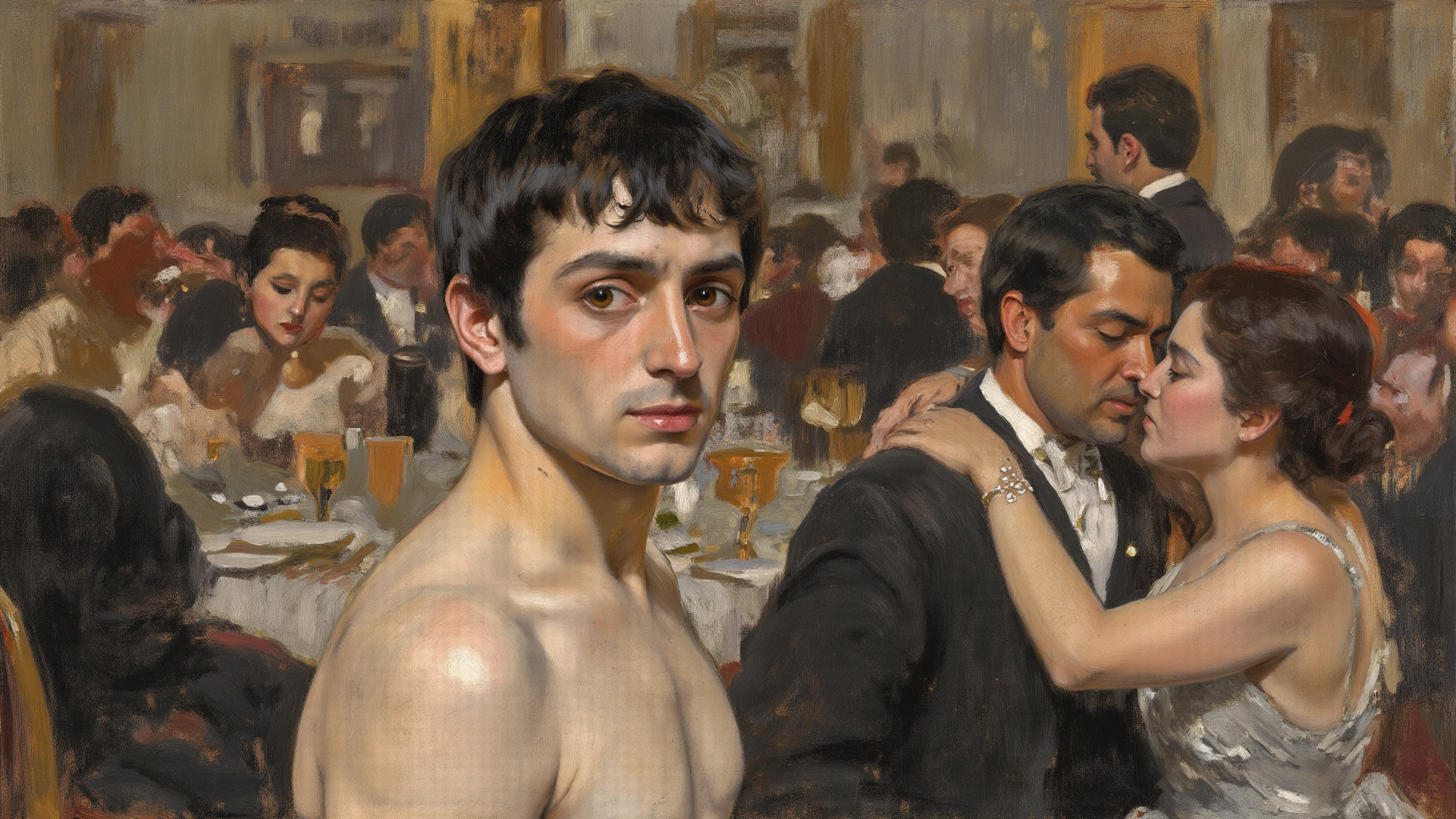 Rembrandt+Baroque+oil_painting., whole body, intense hard vivid colors a young Nordic blond strong toned body white skin shirtless, barefoot, blonde hair blue eyes no beard, gentle look, , a Latin painter, delgado, black hair, Both men sitting down to dinner in a painting studio with large windows overlooking 15th century Venice at night