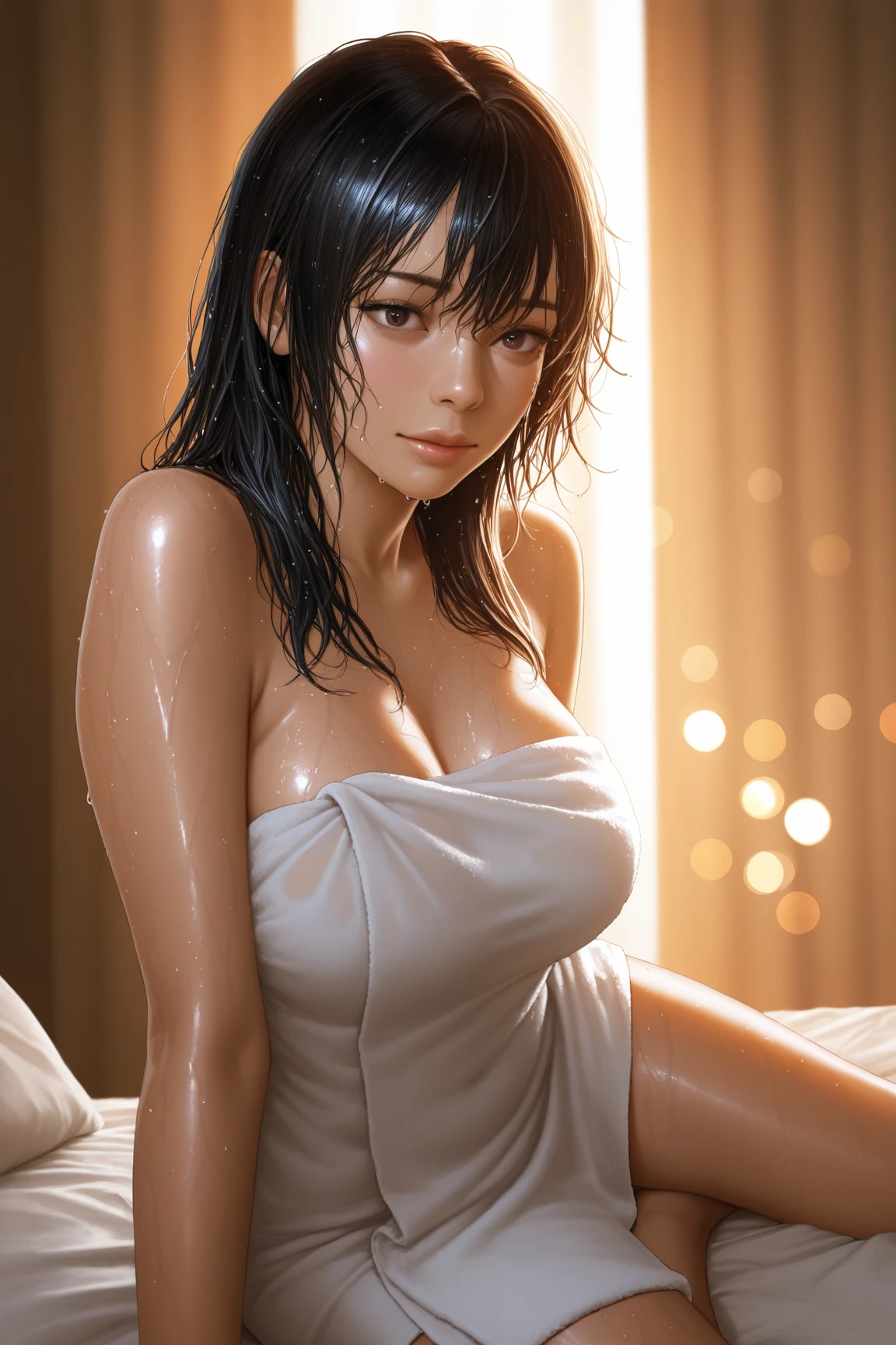 Babe,cleavage,big breasts,big ass,naked ,no bra, smiling ,realistic,wet,nipples,pussy,sitting on bed,sweaty,black hair , sucking a penis