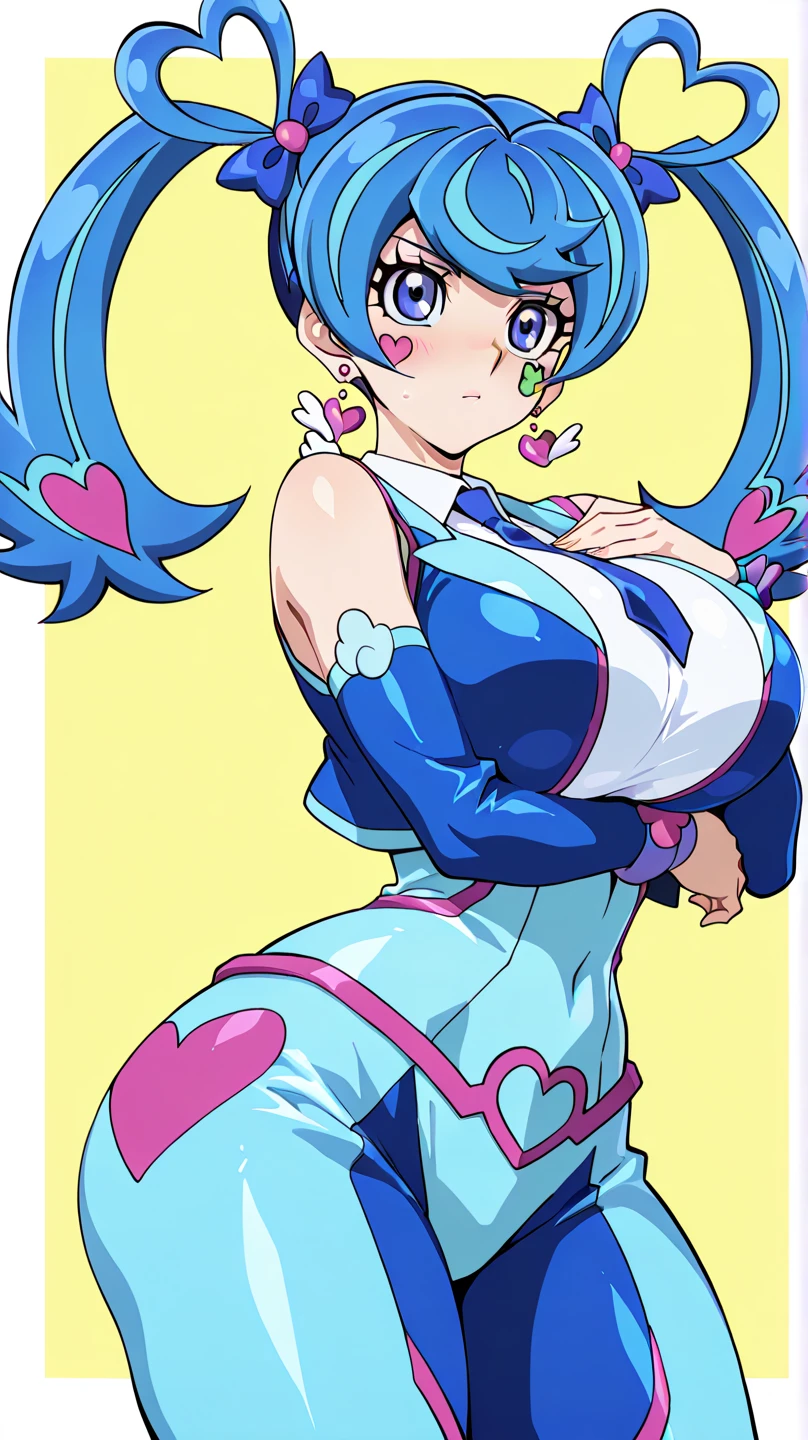 CURE SKY, DRESS, TWINTAILS, GRADIENT HAIR, AHOGE, BLUNT BANGS, HEAD WINGS, FINGERLESS GLOVES, WHITE SHIRT, PUFFY DETACHED SLEEVES, cape, THIGHHIGHS, BLUE LEGWEAR, gem, SINGLE EARRING, 1girl, solo, upper body, facing viewer, (looking at viewer:1.5), in the center, smile,
Open your mouth wide、a large amount of  on the face,、Tongue sticks out of mouth、Big Breasts、Cleavage、Close-up of face、slouch、Hard nipples protruding