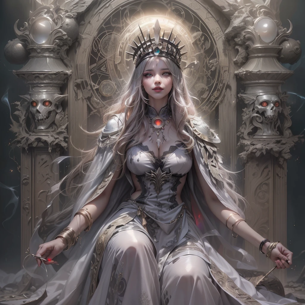 Immerse yourself in the haunting visage of a deity born from the darkest depths of the ethereal realm—an exquisite embodiment of wickedness, chaos, and death. Behold the malevolent allure of this tempestuous goddess, whose beauty belies the cataclysmic power she wields. Her countenance, a mesmerizing blend of ethereal grace and sinister allure, draws mortals into a trance-like fascination.
BREAK 
Adorned in flowing obsidian robes that billow like smoke, she commands attention with every calculated movement. Her alabaster skin, kissed by the moon's pale light, bears intricate tattoos that intertwine like vines of decay, a testament to her dominion over the unruly forces of chaos. Crimson eyes of malicious intent pierce through the darkness, containing the secrets of countless lives extinguished by her hand.
BREAK 
Flowing locks of raven-black cascade down her back, their lustrous sheen contrasting with the macabre horrors she embodies. BREAK A diadem, adorned with jagged spikes of shadowy onyx, adorns her regal brow—an emblem of her dominion over death and decay, a constant reminder of the cycle of life's end.
BREAK 
Silken wings, tinted with hues of moonlit shadow, unfurl majestically, their delicate feathers whispering tales of impending doom. With an elegant yet commanding gesture, BREAK she wields a scepter, its sinister design bearing serpentine coils that writhe with venomous intent—a symbol of her authority over chaos and the imminent demise it brings.
BREAK 
In this captivating image, capture the essence of this beautiful but nefarious goddess—a seductive force that ushers in death and chaos. Emphasize the intricate details of her attire, the chilling intensity of her gaze, and the ominous presence exuded by her outstretched wings. BREAK Convey the balance between her ethereal beauty and the malevolence she represents, inviting viewers to succumb to her allure while warning of the perils that lie within her grasp.