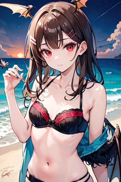 NSFW Nipples visible (Highest quality:1.2, Very detailed, up to date, Vibrant, Super Detail, Ultra-high resolution, High Contrast, masterpiece:1.2, Highest quality, Best aesthetics, There is:0.9), alone, (1 female), Megumin, short hair, Black Hair, (Red eyes:1.3), short hair with long locks, minimum, One person, alone, ((Black Bikini)), Red eyes, Red nose, shy, View your viewers, Camel Toe, Put your arms behind your back, Too cute!, Small breasts, Slim figure, Contrasting, , (Bed in the background), (Beautiful blue sky), (Black Bikiniを脱いでる),Excited Masturbation outstretched hand crotch grab