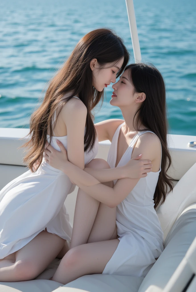 (best quality,4k,8k,highres,masterpiece:1.2),ultra-detailed,(realistic,photorealistic,photo-realistic:1.37),HDR,UHD,studio lighting,ultra-fine painting,sharp focus,physically-based rendering,extreme detail description,professional,vivid colors,bokeh,portrait,romantic,light and shadow,perspective,subtle color grading,aesthetic lighting
A man with a well-defined jawline and intense gaze, his beautiful blue eyes sparkling with passion and desire, his long, dark eyelashes adding an alluring touch, as if they were carefully painted by a master artist. The man's lips are full and perfectly shaped, with a hint of a smile that reveals his confidence. His face is chiseled and exudes masculinity, with a faint stubble accentuating his rugged charm.
He is dressed in a white t-shirt layered with a pink denim overcoat, creating a stylish and trendy ensemble. The overcoat drapes elegantly over his shoulders, adding a touch of sophistication. Paired with black cargo pants that fit him perfectly, he exudes a sense of casual coolness and effortless style.
In contrast, a sexy woman stands beside him, wearing a black tank top that highlights her sculpted figure. The tank top perfectly hugs her curves, enhancing her allure. She wears a dark green long skirt that flows gracefully, creating a sense of movement and adding a touch of elegance to the scene. Her radiant smile and captivating gaze reveal her confidence and magnetism.
They are standing on a luxurious cruise ship, with the shimmering blue ocean stretching endlessly behind them. The ship's deck is bathed in warm, golden sunlight, casting soft shadows that accentuate their features. The gentle sea breeze rustles their clothes and adds a sense of spontaneity to the moment.
The portrait captures the intimate moment as they share a passionate kiss, their bodies entwined in an affectionate embrace. The powerful chemistry between them is palpable, filling the air with romance and desire.
The scene is brought to life with incredib