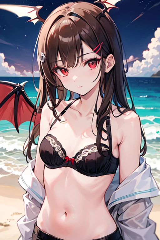 "anime girl, 1 person, black hair, shoulder length hair, red eyes, glasses,((with white horns)), black crow wings behind, female, adult girl, swimsuit, bikini, breasts big, flip flops, lewd face, blushing, licking lips, close look, tourist beach, (sharp image)"