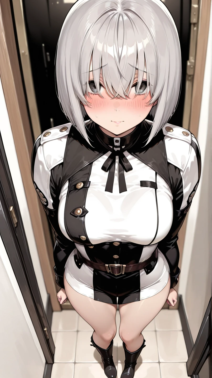 masterpiece, best quality, 1girl, white hair, short hair, nervous, embarrsed pose, innocent, latex suit, exposed ??????, hand behind the back, legging, shy, slave, submissive, obedient, willing victim,  ????, collar, leash, bondage outfit, luxry room, warm light