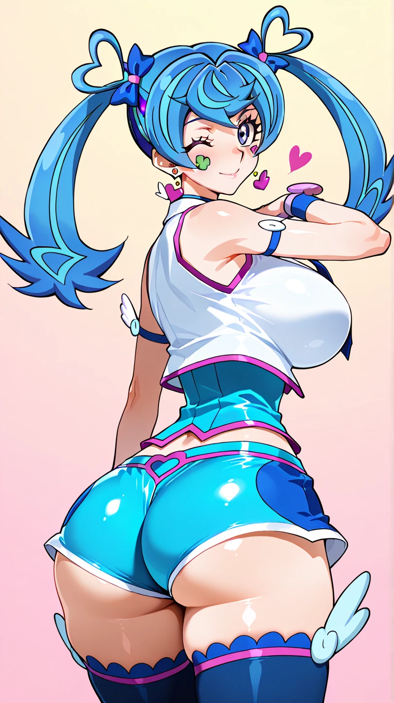 Anime girl in blue leotard with yellow belt, Seductive Anime Girl, Girl with long black hair, beautiful anime girl squatting, Ecchi anime style, oppai, huge tit, with large breasts, marin kitagawa fanart, Small curvaceous woman, long-sleeve, Ecchi, Anime Girl, (Anime Girl), Commission for high resolution, cellshading!!!, Chic, hands behind her body pose!, beautiful alluring anime teen, high quality fan art