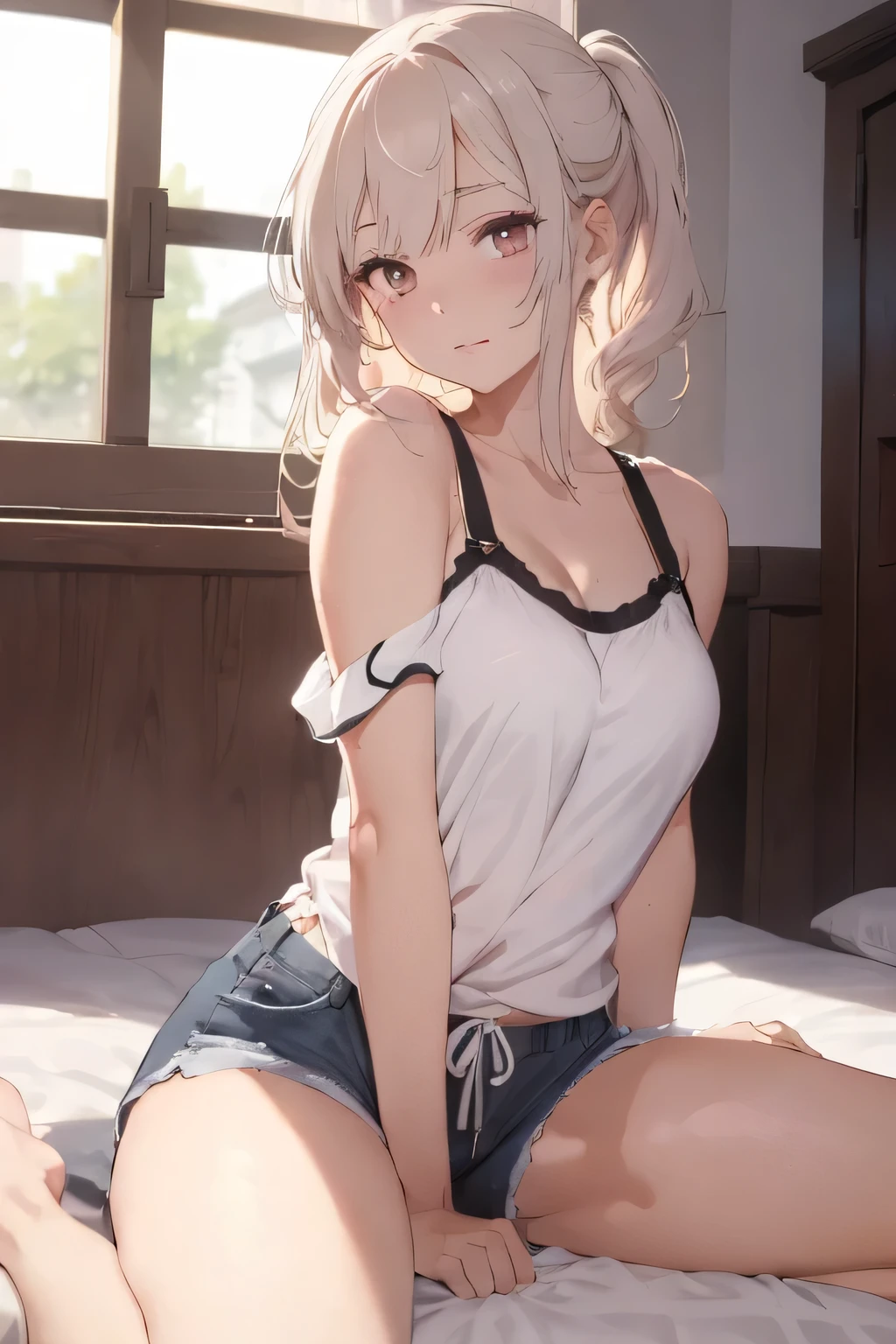 Photorealistic:1.5, Beautiful woman, hairstyle that bounces outward, (medium hair:1.5), (platinum blond hair:1.5), (platinum blond colored eyelash:1.5), (parted bangs:1.5), (amber color eyes:1.5), (sleepy face:1.5), blush:1.2, (tilt one's head:1.5), (hairpin:1.3), (masterpiece:1.3), (best quality:1.3), high-resolution, Head-on angle, Body facing forward, solo, beautiful detailed eyes, mid day, (((best quality, textile shading, ultra detailed))), extremely detailed CG unity 8k wallpaper, Highly Detailed beautiful and aesthetic, high resolution, detailed, dramatic lighting, 1Character, soft, gentle colors, (small breast:1.5), (white camisole:1.5), (super long hem summer cardigan:1.5), (skinny:1.5), blur background, downtown:1.5, squatting:1.2, armpit:1.5,
