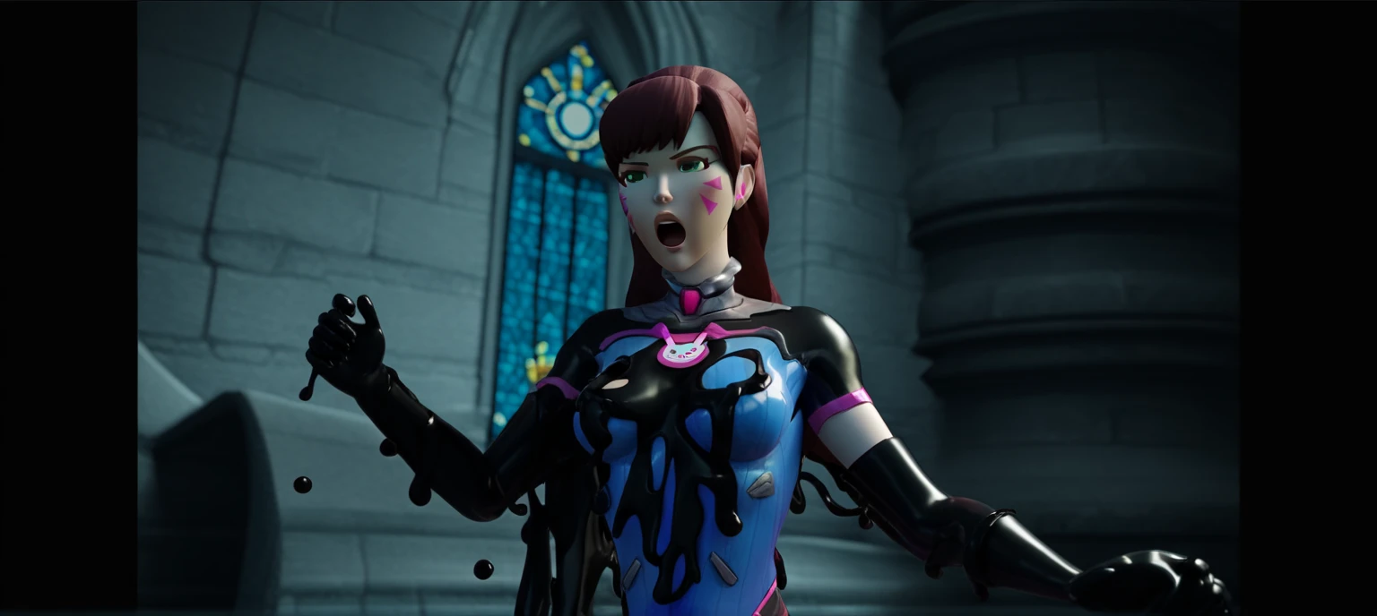 ((Full body, standing):1.5), Only Princess Zelda:wearing Samus Aran's black armor with gold parts, feathers she has extremely large breasts, very short pink hair, blue eyes, is doing erotic pose, is smiling and looking at the viewer, inside an alien dungeon, full of ((mutant slimes):1.2)., Super Metroid Style, anime, anime, Hyperrealism, Hyperrealism, 16k, ((high quality, high details):1.4), UHD, masterpiece