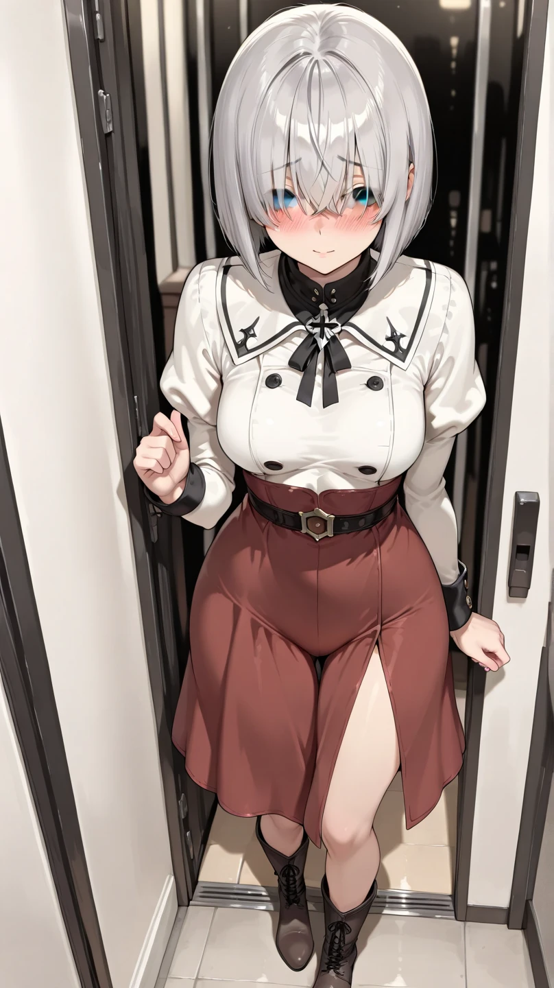 masterpiece, best quality, ultra-detailed, 1girl, mutsuki, , standing, grin ,indoor,panties,miniskirt,thigh boots