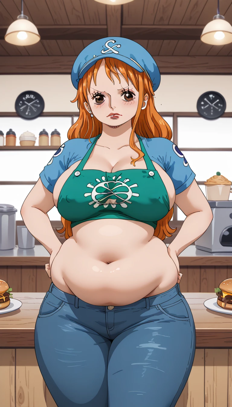 2d, masterpiece, best quality, anime, highly detailed face, highly detailed background, perfect lighting, wano, nami, 1girl, solo, long hair, jewelry, sash, japanese clothes, obi, orange hair, kimono, bow, light blue kimono, flower, flower print, earrings, looking at viewer, sleeveless kimono, ahoge, ribbon, hair bow, sky, day, bracelet, sleeveless, ;\), blue bow, outdoors, breasts, cloud, ponytail, blue sky, brown eyes, orange eyes, bare shoulders, very long hair, sidelocks, bangs, collarbone, upper body, bare arms, official alternate costume, blurry, hand gesture, alternate costume, medium breasts, blurry background, large breasts, eyelashes, mountain, parody, cloudy sky, sitting, shiny hair, bangle, wavy hair, ((big belly, massive belly, chubby, giant belly)), shocked, open mouth, (hands behind head:1.4), (solo:1.5), midriff