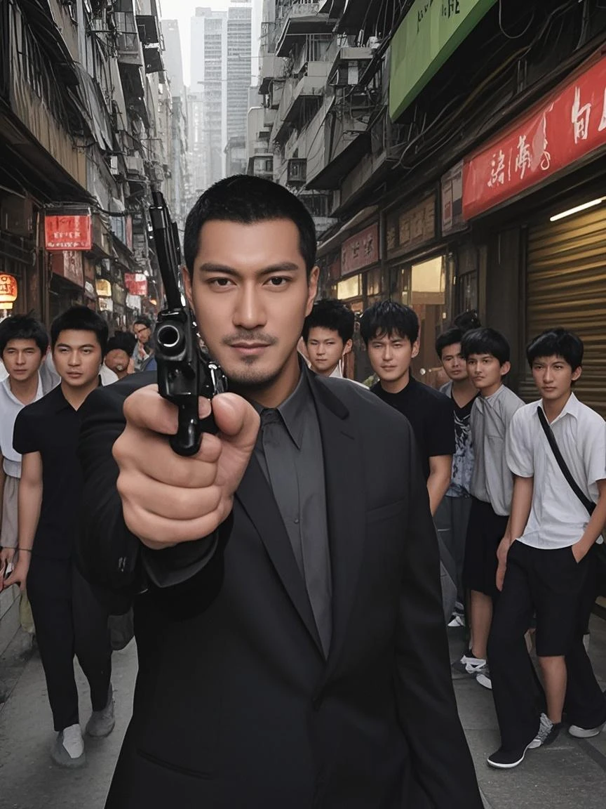 cinematic film still of <lora:Hong Kong action cinema style:1>
In the 1980's In Hong Kong China a group of different gang men walking down a street,shirt,black hair,jewelry,jacket,male focus,multiple boys,pants,necklace,blurry,headband,facial hair,sunglasses,ring,denim,t-shirt,6+boys,jeans,Asian,cinematic,action-themed,violence,aim,aiming,pointing,Kodak,Film style,movie style,film grain,film contrast,action packed,serious,stunt,Hong Kong action cinema style,Asian,cinematic,action-themed,violence,aim,aiming,pointing,Kodak,Film style,movie style,film grain,film contrast,action packed,serious,stunt,Hong Kong action cinema style, shallow depth of field, vignette, highly detailed, high budget, bokeh, cinemascope, moody, epic, gorgeous, film grain, grainy