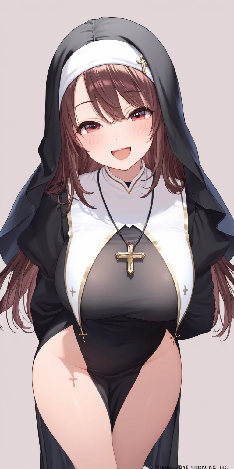long hair, brown hair, (nun), big breasts, Big ass, Deer antlers,heavy body, large body, venus body, red blush, stockings, winter forest background, dagger, hollor,