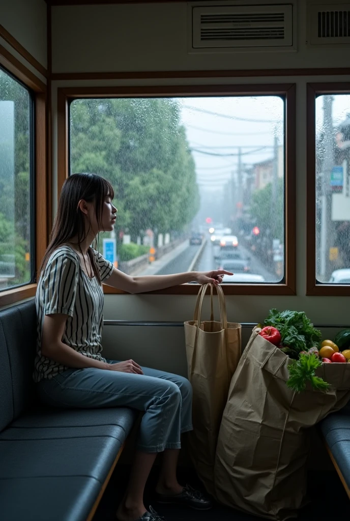 A raining​ day in Tokyo, in the World War 2 periods, a girl sat on the seat of the old tram (with no air condition)​ next to the window that a rain droping. She have just ran through the heavy rain outside, her long brown hair still wet, Messy, her face and her clothes also wet too. She a fish merchant girl in age 26 years. Her face still younger than her age, her face is no make up but still charming, like some actress ​star in 80's, she lay her head at the window and fall sleep with exhaust​ed.her boths hand hold a paper bag full of Vegetable​. Outside window is a traffic jam. hyper-realistic, hyper_reality, Dramatic scene, vitage tram, old town city view, high defination, 8K