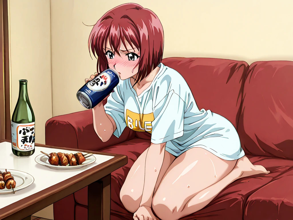 misato_katsuragui, 1girl, purple hair center parted, sidelocks, ponytail, solo, (drunk:1.2) (flushed:1.1) (blushing:1.3), open mouth cute wavy mouth, holding (beer glass:1.1), (loose:1.2) clothing, yellow loose crop top, breasts, shorts, sitting, cleavage, brown eyes, holding, looking at viewer, ponytail, long hair, holding can, (denim shorts:1.1), purple hair, closed mouth, smile, bare shoulders, collarbone,