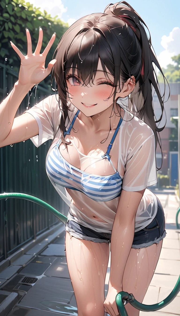 realistically, 1 girl, ponytail, brown eyes, glowing eyes, white short skirt, Blush, daytime, sun light, Strapless, Wet from the rain, Seethrough, squatting, pussy, crotch, nipples, shy, armpit