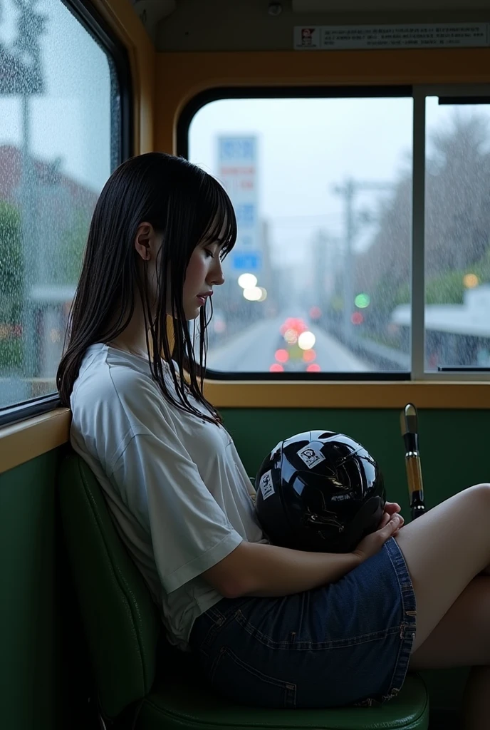 A raining​ day in Tokyo, year 2005, a high school girl sat on the seat of the old tram (with no air condition)​ next to the window that a rain droping. She have just ran through the heavy rain outside, her long dark hair still wet, Messy, her face and her clothes also wet too. Her age about 18 years. Her face still younger than her age, her face is no make up but still charming, she lay her head at the window and fall sleep with exhaust​ed.her boths hand hold a Kendo helmet and kendo blade stick. Outside window is a traffic jam. hyper-realistic, hyper_reality, Dramatic scene, vitage tram, old town city view, high defination, 8K