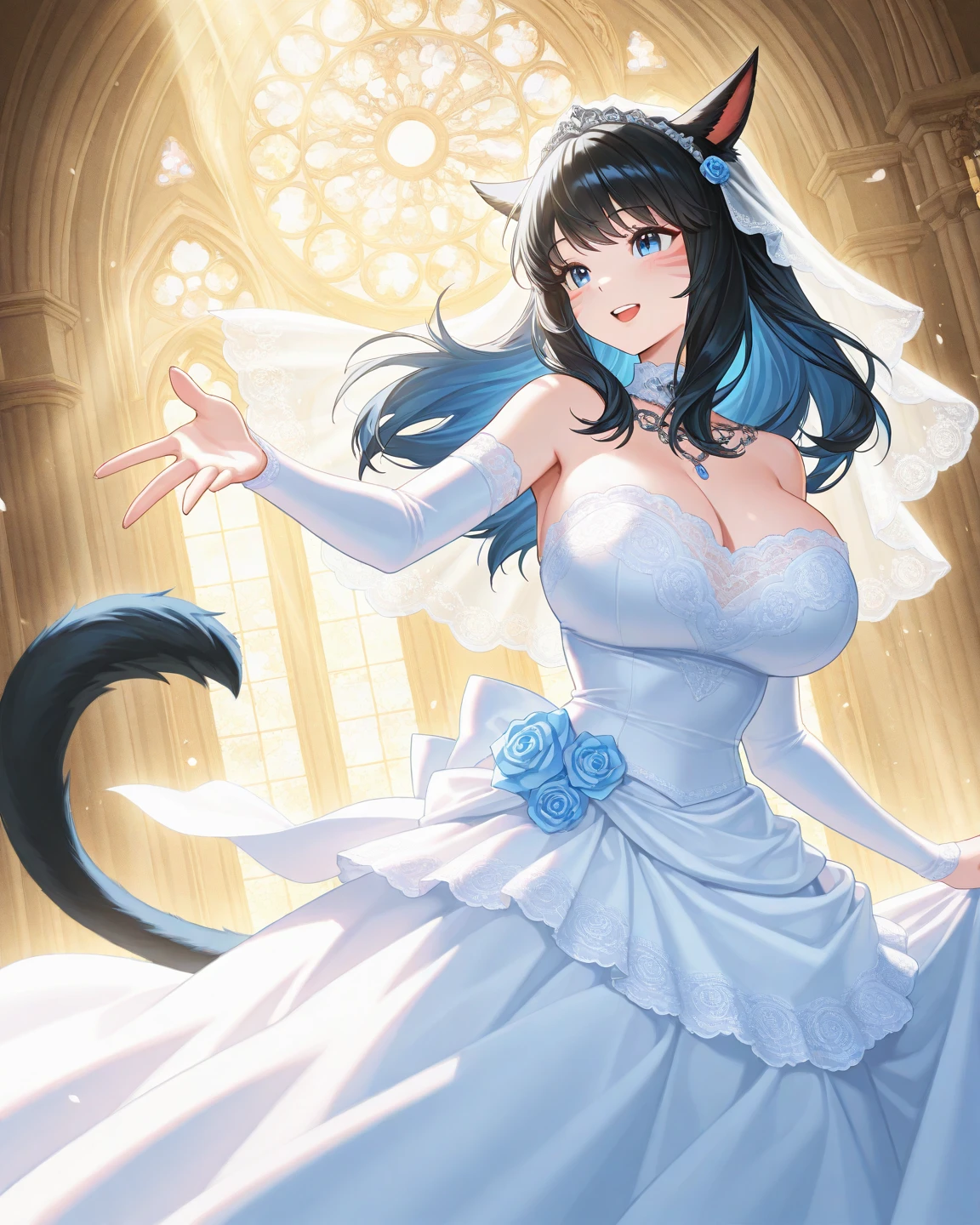 I am Yukiko, I am a white furred cat woman with long light blue hair along with cat ears and light red eyes with a blue cat tail. I am 1.62 cm tall , Dressed in a simple white dress and carrying in my arms a  with golden cat ears and tail and red eyes.  . with huge breasts measure 200 cm,  waist 40 cm and  hips 200 cm