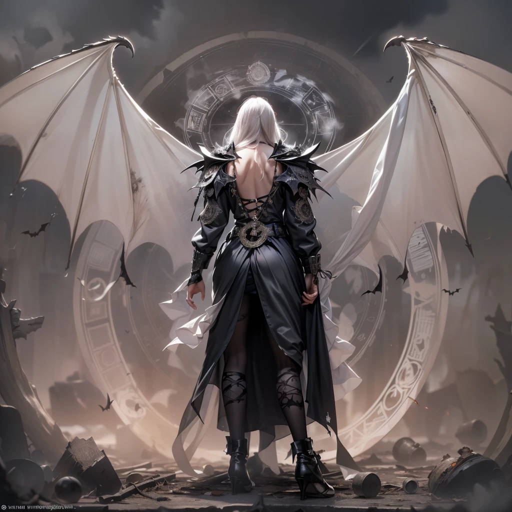 young woman with marbled polar crystal  wings wearing leather, platinum blonde hair,  from behind, wings attached to shoulder blades similar to pterodactylus
