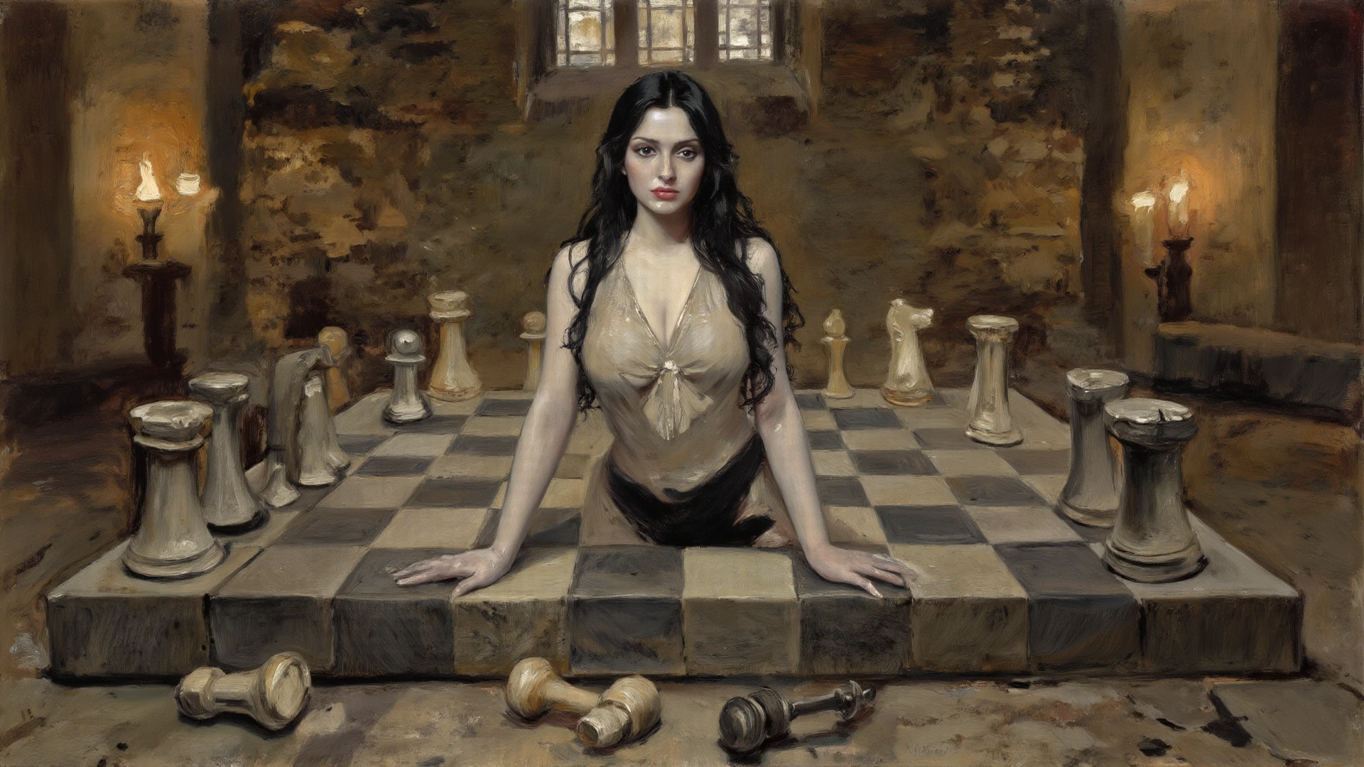 painting of a chessboard with human pieces, a female queen in black leather bdsm clothes with a whip on the board, Inspiration, cinematic scene, volumetric lights, ultra realistic, in the style of nicola samori
