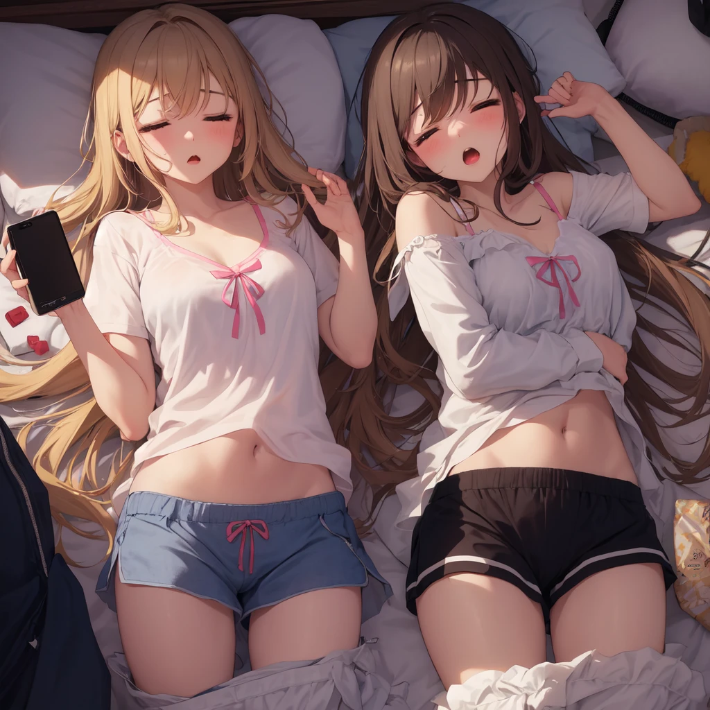 ((Best quality, masterpiece)), bed, top view, soft toys, pillows, photos, sun rays, window edge