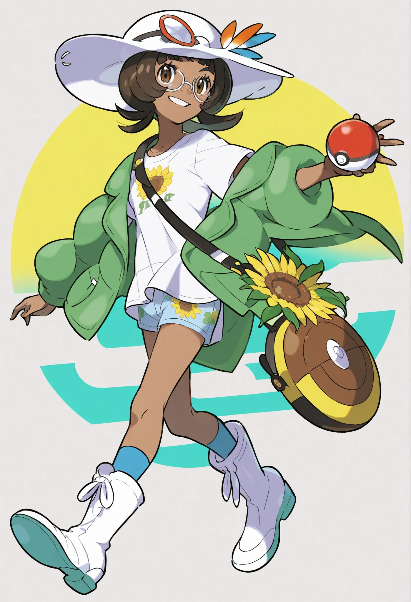  ung girl ，brown twill，character nearby， Pokémon style，cute，Pure white T-shirt，Sporty style light green jacket，sunflower pattern on clothes，Full Body， holding the brim with one hand ，glasses，Boots，solid color background，Smile，Poke ball ，Shoulder Bag