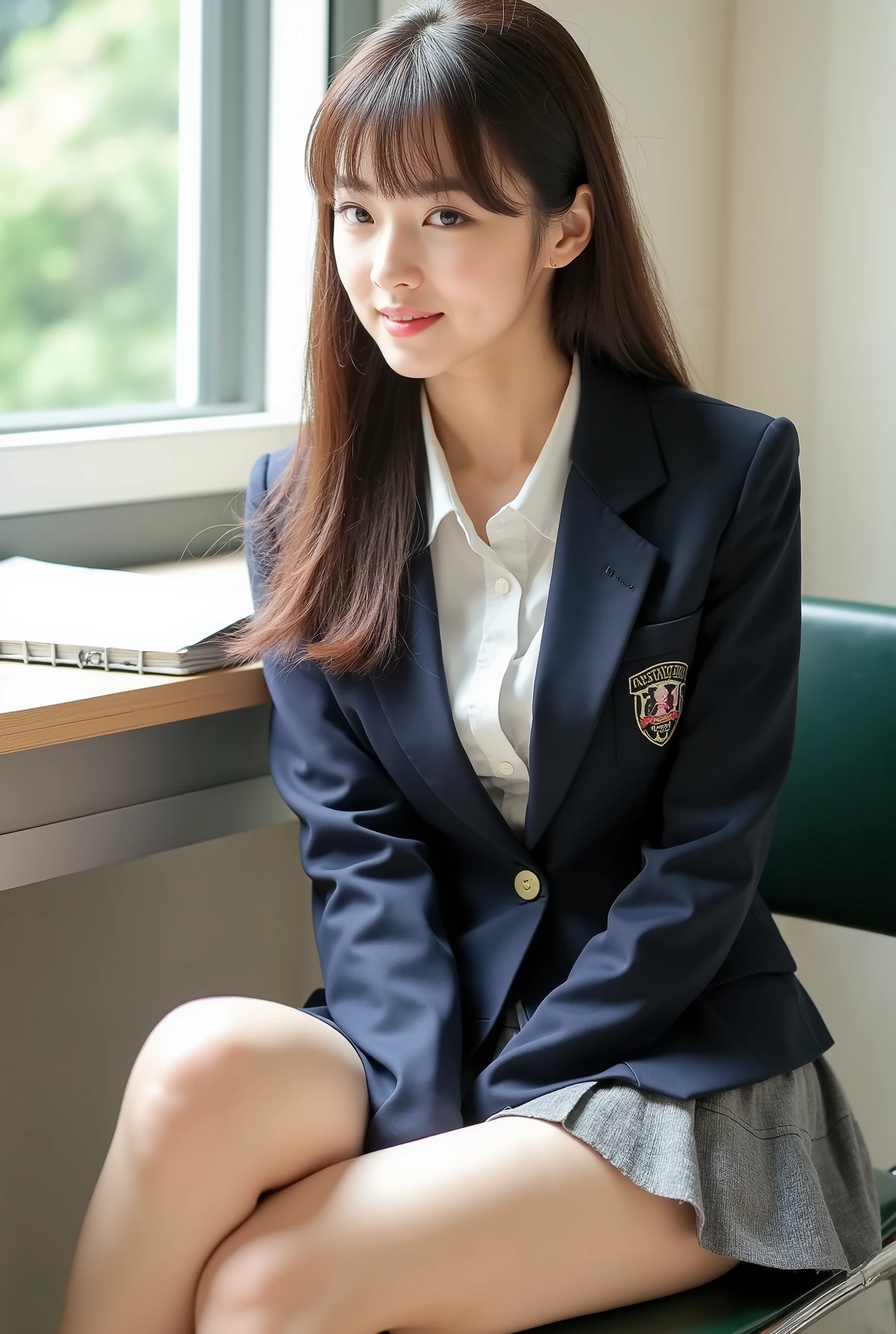 (Realistic:1.3, Photo-realistic:1.5, RAW photo, model photo), Magazine cover photo, she is Japanese high-school student, The perfect figure that everyone aspires to, symmetrical eyes, Light Brown eyes, Double eyelids, Thin eyebrows, Thin lips, Glossy lips, fair skin, Thin legs, Thin feet, (super Detailed skin:1.2), firm skin, (realistic skin:1.2), (super Detailed eyes:1.2), (cute makeup:1.5), (cute face:1.3), break, (1girl, Alone:1.3, 20yo:1.3), ((Super detailed beautiful breasts, D-cup breasts):1.3), (firm breast, nicely shaped breasts), ((half-up hairstyle:1.5, long hair:1.3)), no bangs, (High school student uniform:1.3), (pleated miniskirt (color : Gray)):1.2, (white shirt, school blazer (color : Navy), (bare-thighs, pin-heels)):1.3), break, ((She sat with her arms crossed and her legs stretched out like a queen, demanding that I lick her feet):1.8), ((and looks down with a seductive smile on her face:1.3)), ((In an empty classroom with the setting sun shining in)), break, (flom below:1.3), ((Full body:1.9)), ((from below:1.3)), ((focus on her foot:1.3)), (The shadow under the D-cup breast shows the shape of the breast well:1.3)