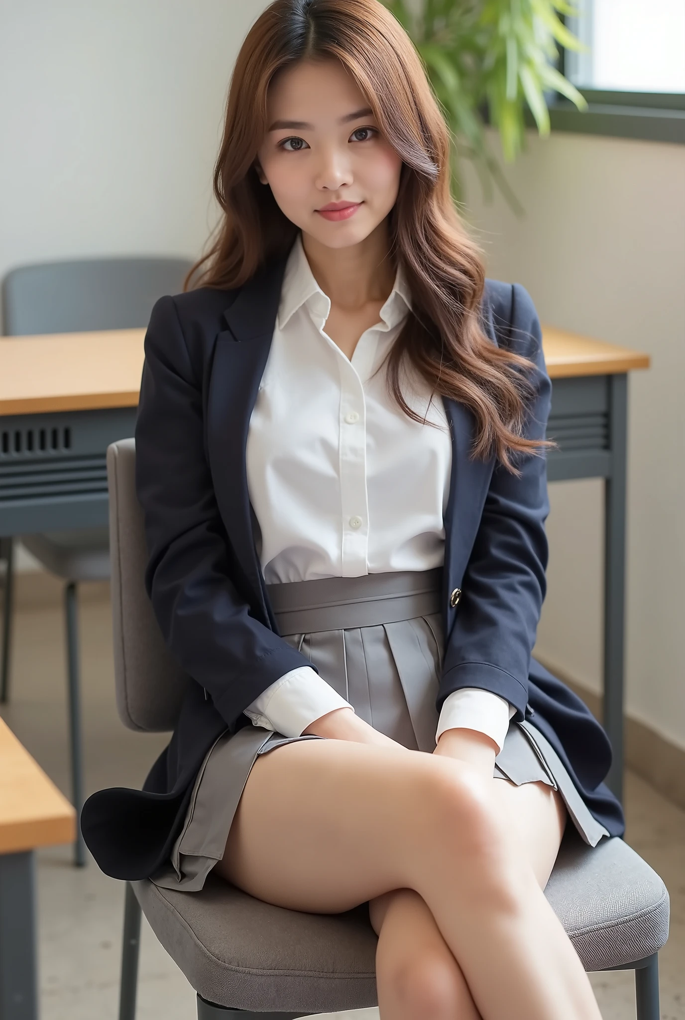 (Realistic:1.3, Photo-realistic:1.5, RAW photo, model photo), Magazine cover photo, she is Japanese high-school student, The perfect figure that everyone aspires to, symmetrical eyes, Light Brown eyes, Double eyelids, Thin eyebrows, Thin lips, Glossy lips, fair skin, Thin legs, Thin feet, (super Detailed skin:1.2), firm skin, (realistic skin:1.2), (super Detailed eyes:1.2), (cute makeup:1.5), (cute face:1.3), break, (1girl, Alone:1.3, 20yo:1.3), ((Super detailed beautiful breasts, D-cup breasts):1.3), (firm breast, nicely shaped breasts), ((half-up hairstyle:1.5, long hair:1.3)), no bangs, (High school student uniform:1.3), (pleated miniskirt (color : Gray)):1.2, (white shirt, school blazer (color : Navy), (bare-thighs, pin-heels)):1.3), break, ((She sat with her arms crossed and her legs stretched out like a queen, demanding that I lick her feet):1.8), ((and looks down with a seductive smile on her face:1.3)), ((In an empty classroom with the setting sun shining in)), break, (flom below:1.3), ((Full body:1.9)), ((from below:1.3)), ((focus on her foot:1.3)), (The shadow under the D-cup breast shows the shape of the breast well:1.3)