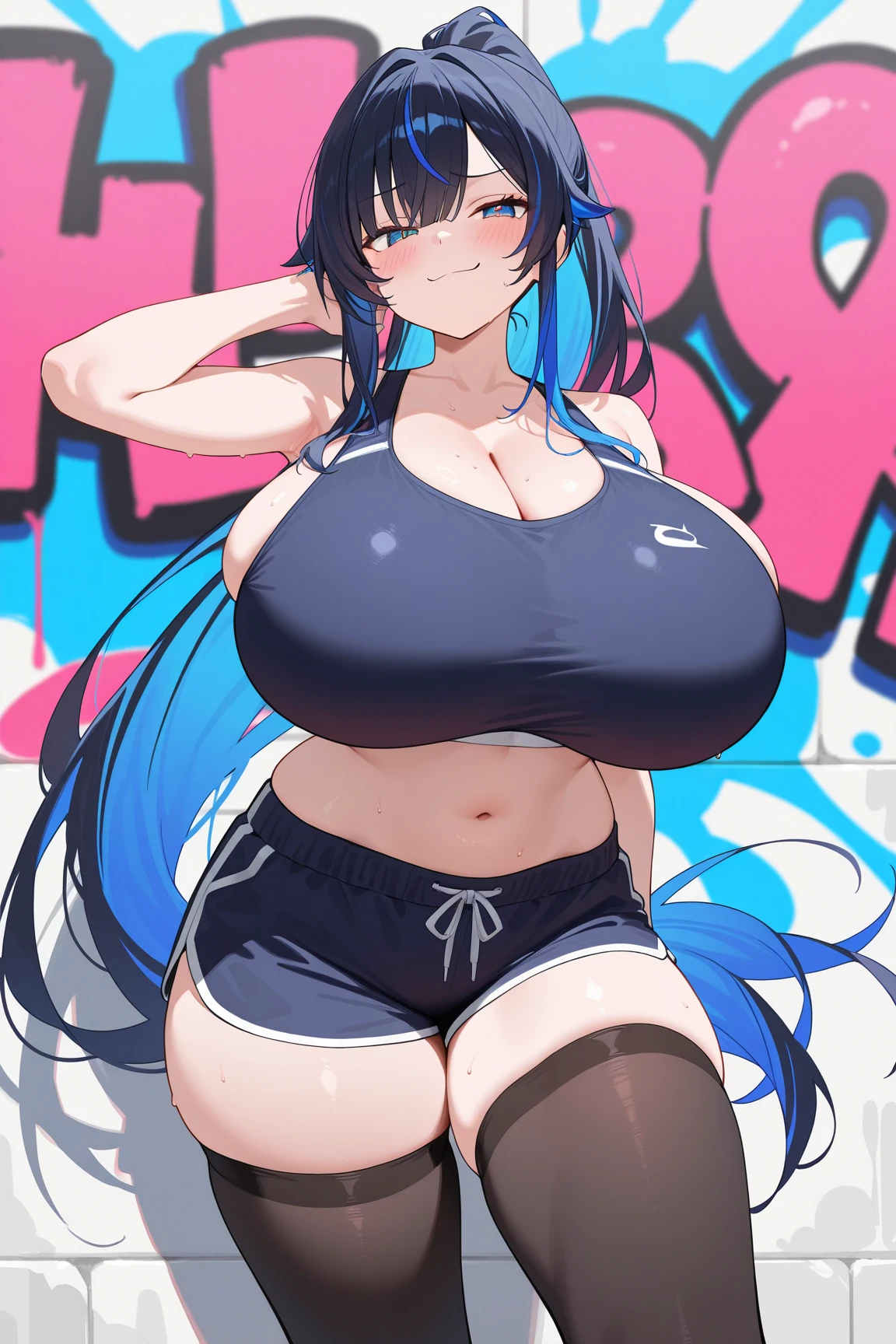 (((both hands)))、(8K, Highest quality, masterpiece:1.2),\(Narrow eyes),(\(Garment Details\)\),Cowboy Shot,(Huge breasts) ,Very detailedなCG Unity 8K 巨大なファイルサイズ,Very detailed,High resolution,Absurd,Beautiful Eyes,Ray Tracing,Dramatic Shadows,finely,Hyper Detail,(1 Girl:1.3),(alone)、(Blue long hair)、Beautiful Hair、((Cheerleader White Bikini Cosplay))、((Latex Mini Skirt))、blush、Sweat、Thick thighs、hot、((Haa))、((Simple Background))、((Face the front of your body towards the viewer))、Wide Hips、sexy、((Very wet)),Surprised expression、 A little plump、((Voluptuous body))、A view from a little below、With pride、(((Spread your legs wide)))、(Squat)、(look forward to)、((Knee socks)),(Place your hands behind your head)、27 years old、(Sigh)