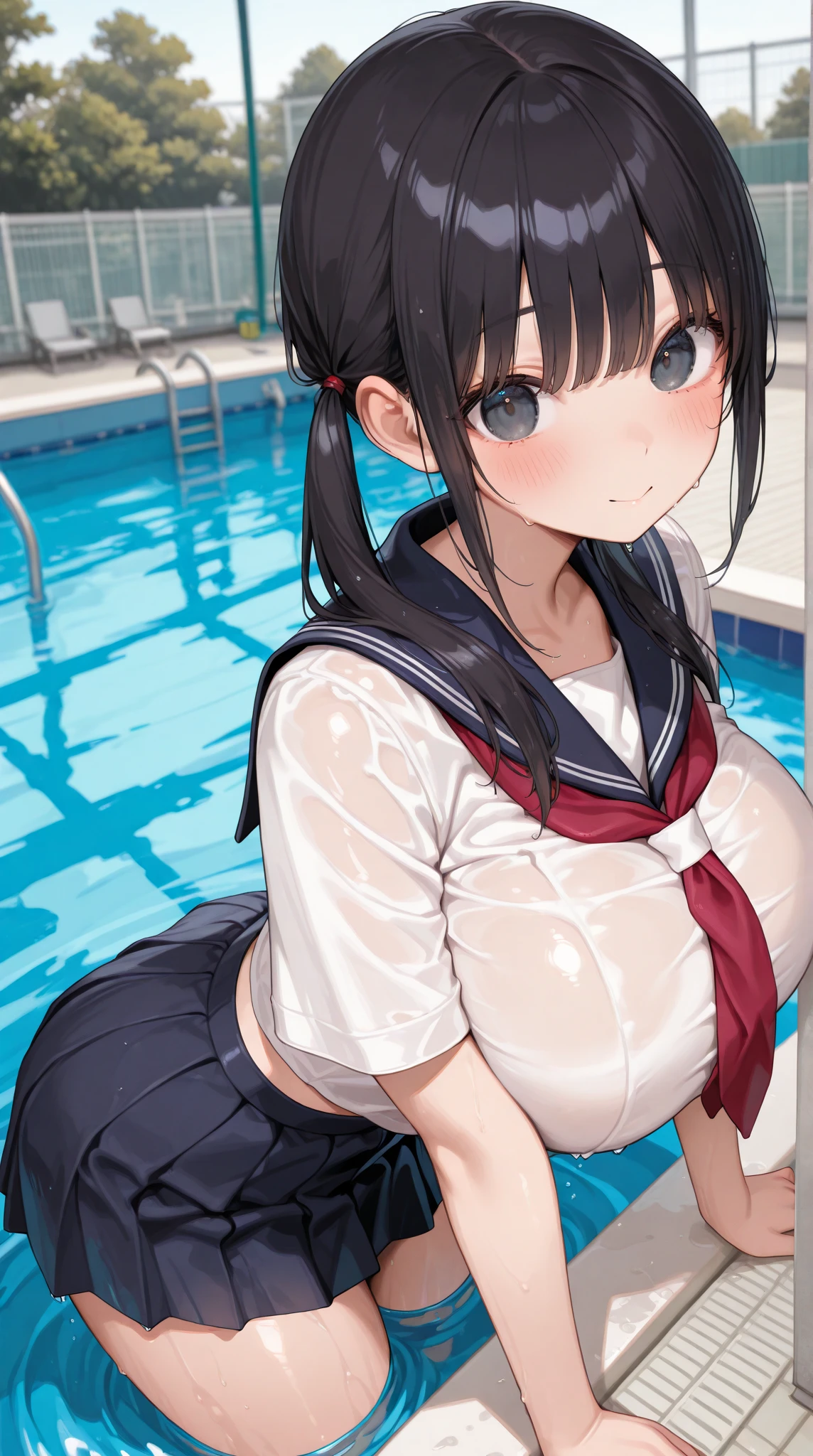 High school girl, sailor suit (sleeveless), long untied black hair, sagging eyes, big breasts, thick thighs, white panties, squatting girl
