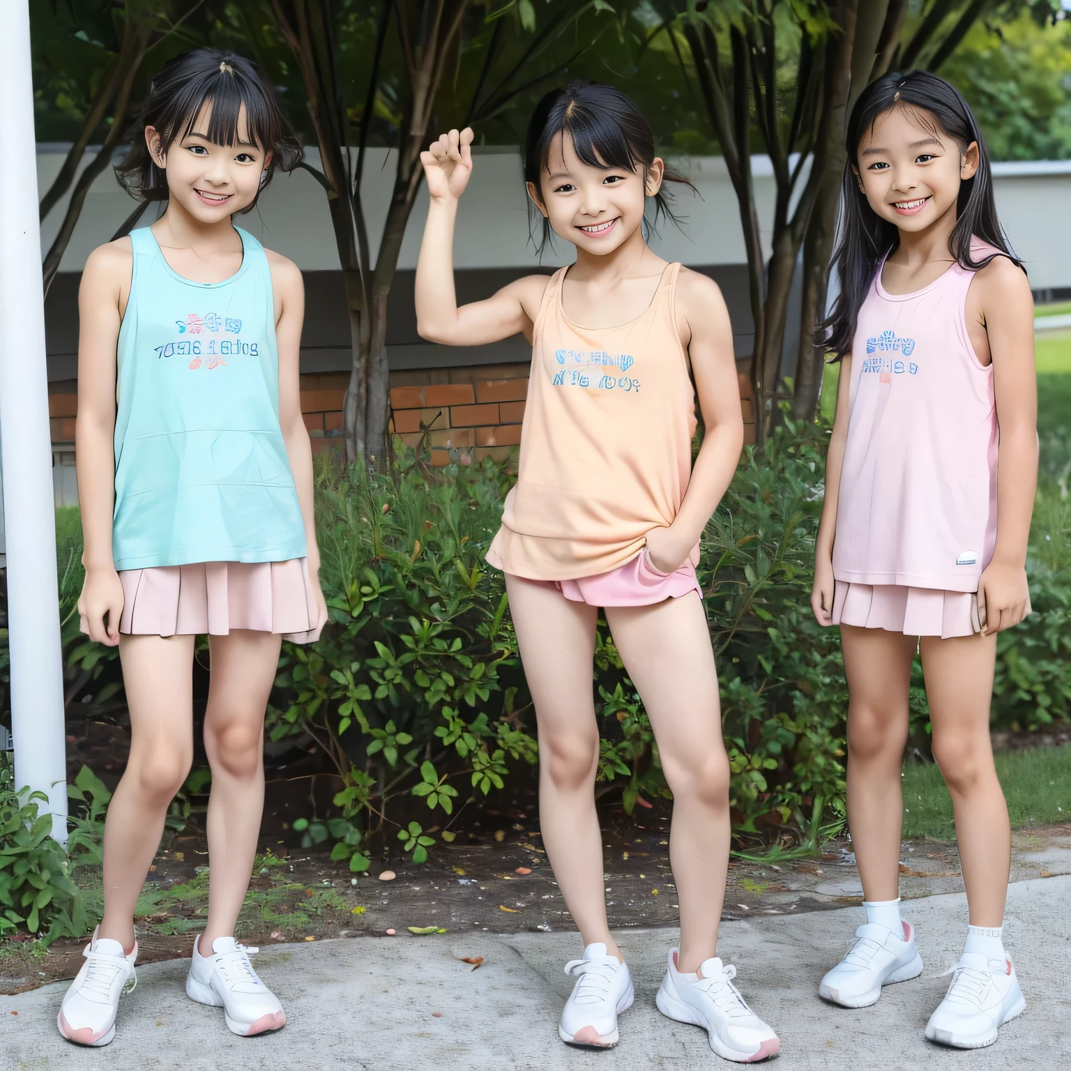 beautiful girl，2 friends，10 and 14 years old，Wear shorts and sleeveless，smile，ponytail，thin