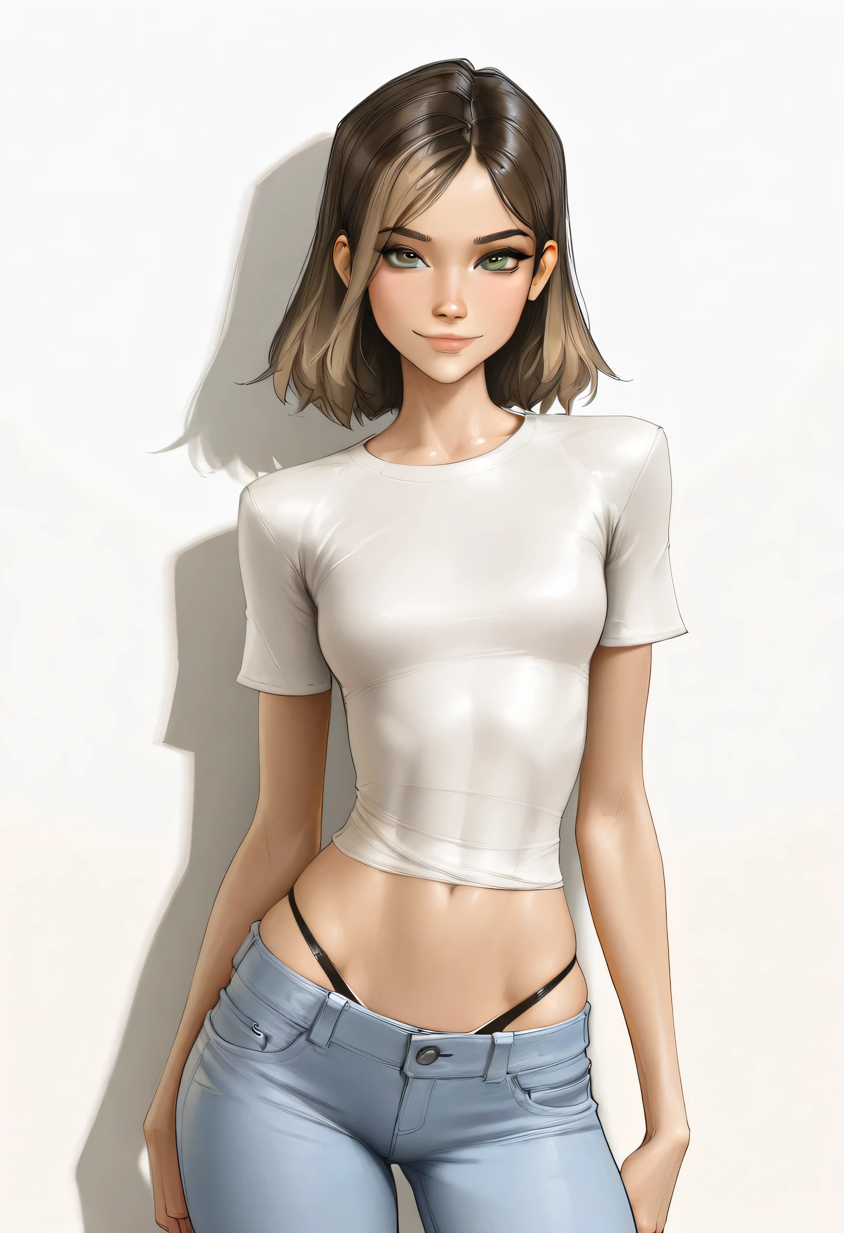 TEW2Juli, 1girl, skinny, narrow waistline, small breasts, brown hair, light brown highlights in hair, pale green eyes, smokey eyes, looking at viewer, tight jeans, t shirt shirt, thong straps, , sam yang face, shirow masamune, Lena Anderson, realistic, , happy