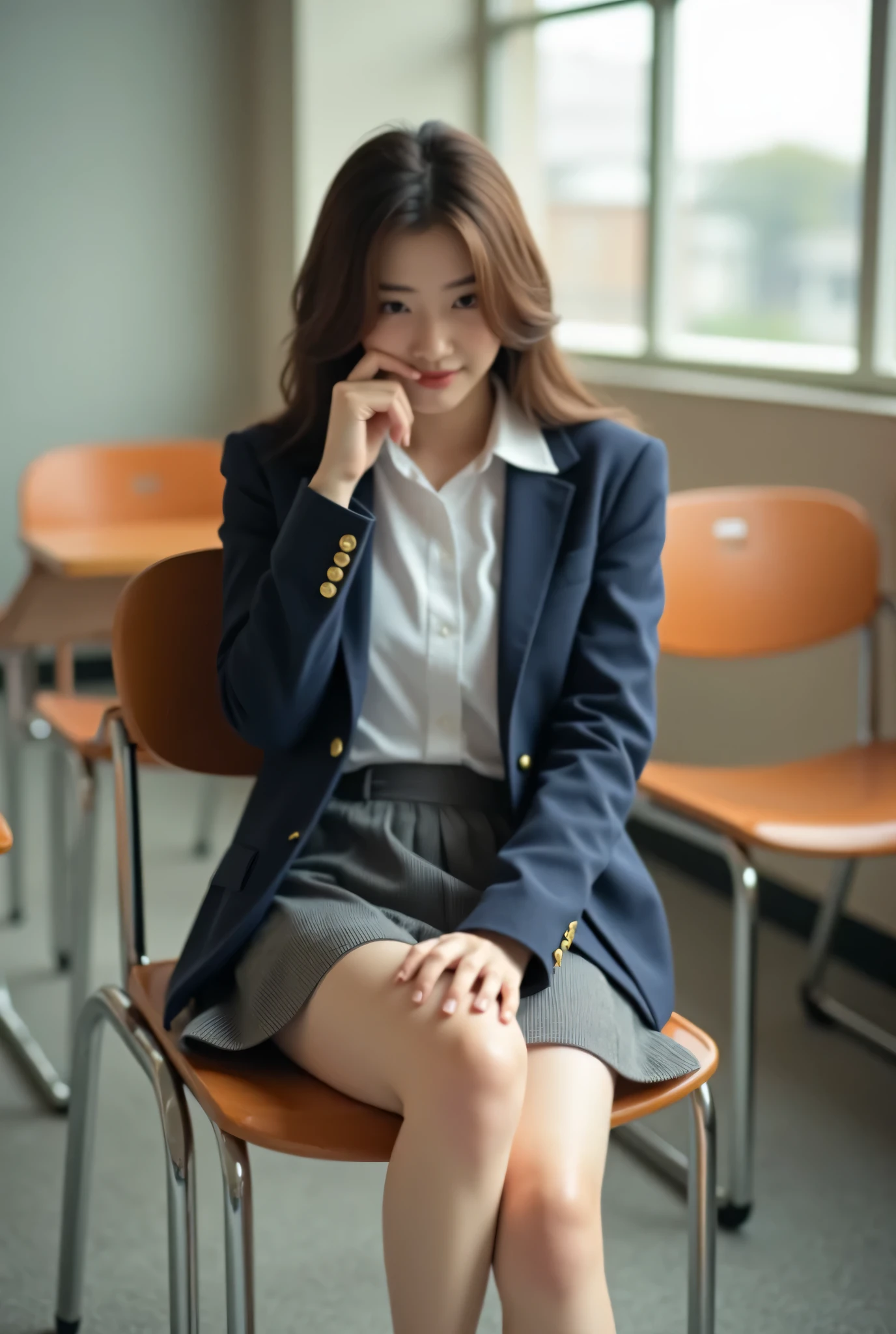 (Realistic:1.3, Photo-realistic:1.5, RAW photo, model photo), Magazine cover photo, she is Japanese high-school student, The perfect figure that everyone aspires to, symmetrical eyes, Light Brown eyes, Double eyelids, Thin eyebrows, Thin lips, Glossy lips, fair skin, Thin legs, Thin feet, (super Detailed skin:1.2), firm skin, (realistic skin:1.2), (super Detailed eyes:1.2), (cute makeup:1.5), (cute face:1.3), break, (1girl, Alone:1.3, 20yo:1.3), ((Super detailed beautiful breasts, D-cup breasts):1.3), (firm breast, nicely shaped breasts), ((half-up hairstyle:1.5, long hair:1.3)), no bangs, (High school student uniform:1.3), (pleated miniskirt (color : Gray)):1.2, (white shirt, school blazer (color : Navy), (bare-thighs, pin-heels)):1.3), break, ((She sat with her arms crossed and her legs stretched out like a queen, demanding that I lick her feet):1.8), ((and looks down with a seductive smile on her face:1.3)), ((In an empty classroom with the setting sun shining in)), break, (flom below:1.3), ((Full body:1.9)), ((from below:1.3)), ((focus on her foot:1.3)), (The shadow under the D-cup breast shows the shape of the breast well:1.3)