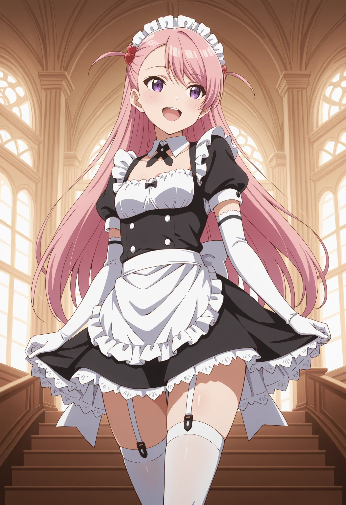 Score_9, score_8_up, score_7_up, source_anime, maho sakuramori (kurakon), solo, long hair, pink hair, hair ornament, asymmetrical bangs, purple eyes, small breasts, (best quality), (high quality), {masterpiece}, extremely delicate and beautiful, ultra-detailed, beautiful detailed eyes, maid, black maid costume, short sleeves, puffy sleeves, white headdress, white frilled apron, white elbow gloves, white thighhighs, mansion, indoor, smile, open mouth, standing