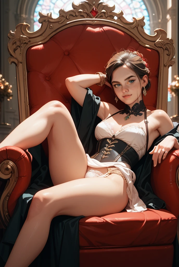 Emma Watson at 25 years old, alcoholic, prostitute, short wavy hair, in an ultra revealing outfits, pink lace ad silk, smiling, instagram pose, full body, complex, seductress, vulgar, horny, shameful, open thighs, no underwear, no panty, small breasts, Highly detailed, digital painting, ArtStation, Concept art, smooth, sharp focus, illustration, Illustration by Wlop, Charlie Bowater and Alexandra Fomina