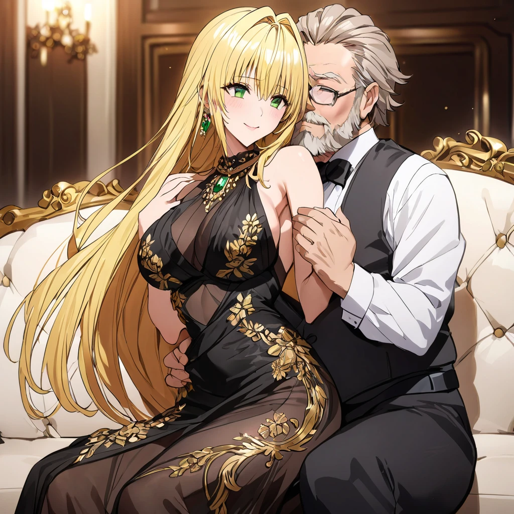 The woman and her daughter are close together、((Highest quality)), ((masterpiece)), (detailed), (Perfect Face)、The woman was a tiare with green eyes and medium-long blonde hair, and was wearing a luxurious, shiny, gold-colored, long-slit see-through dress with gorgeous embroidery and trim, which allowed her skin to show through, a gold-colored see-through cape, and a gold-colored see-through veil. She was wearing a gorgeous jeweled hair accessory, a jeweled head dress chain, a jeweled waist chain, a gorgeous necklace, bracelets, ankle bracelets, jeweled earrings, and shiny gold boots. She was also wearing an engagement ring.、The woman is sitting on a luxurious sofa in a luxurious room with her 12-year-old daughter and a man, enjoying a family gathering.、The man is a dignified, bearded, elderly man of great wealth, wearing luxurious clothing with gold embroidery and trim.