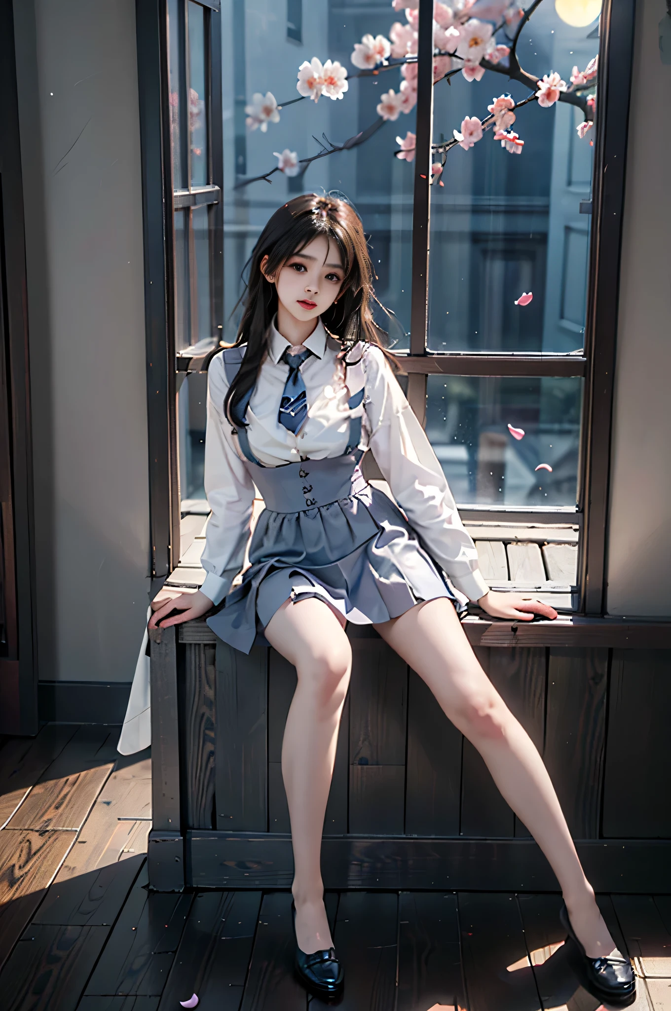 Highest quality, masterpiece, beautifully detailed eyes, (dark skin), blonde wavy hair, gradient hair, pink highlights in hair, big breasts, standing, makeup, glossy lips, full lips, (natural lighting), in room, night, cute denim short jumpsuit, shy smile, belly, collarbone, in love, cute gesture