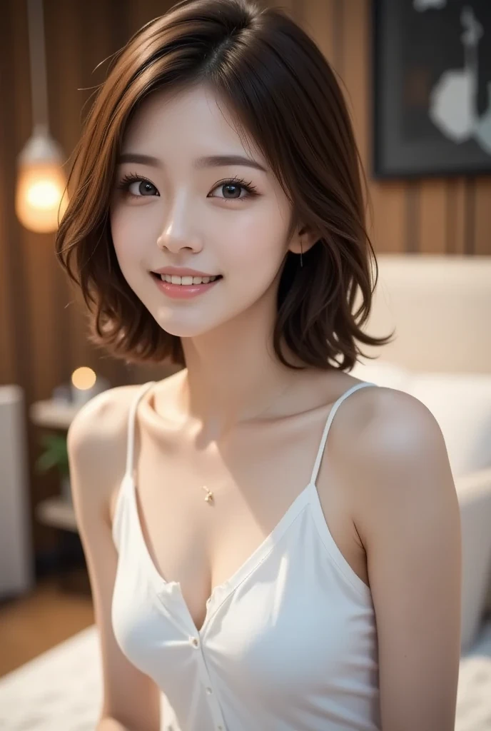 product quality, 1girl, full body shot, composition looking subject up from below, a Japanese young pretty woman, hyper pretty face, long bob hair, sitting on a silk bed with a big smile, shiny satin light golden chemise with laces, busty, wet body, glossy lips, glamorous figure, silk bed, silk pillow, silk bed sheets, double eyelids in both eyes, natural makeup, long eyelashes, shiny smooth light brown hair of long bob, asymmetrical bangs, fair skin, central image, high resolution, high detail, detailed hairstyle, detailed face, spectacular cinematic lighting, octane rendering, vibrant, hyper realistic, perfect limbs, perfect anatomy