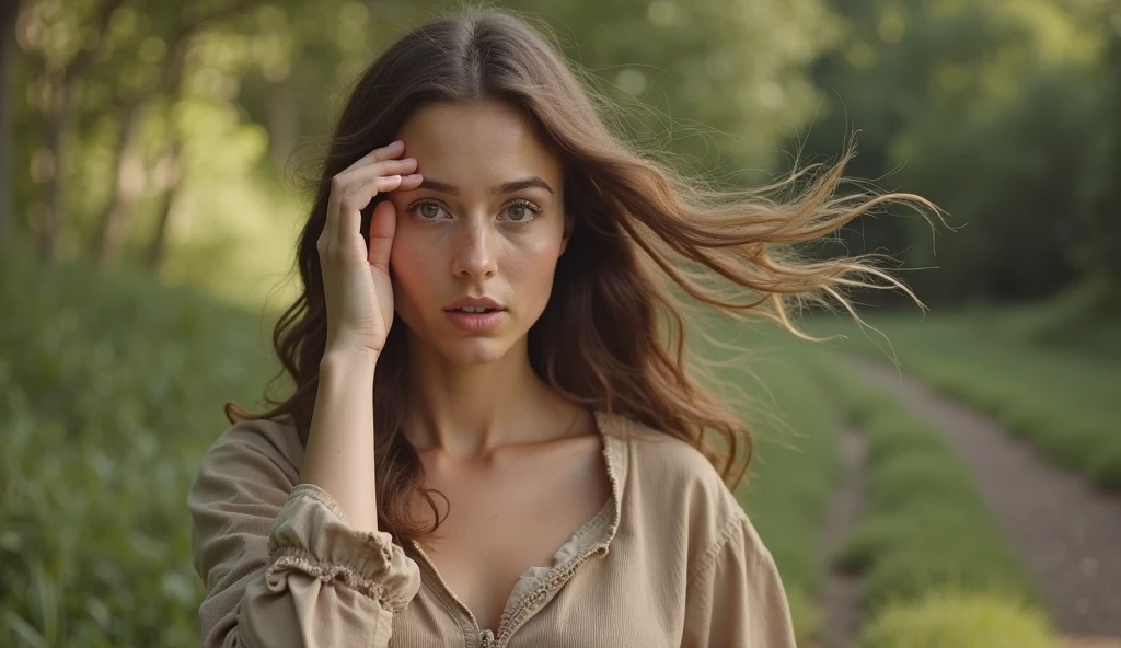 Russian beauty in national clothes, stands in a birch grove under green foliage, against a background of blue sky with white clouds, create an atmosphere of lightness and beauty, like from a fairy tale.