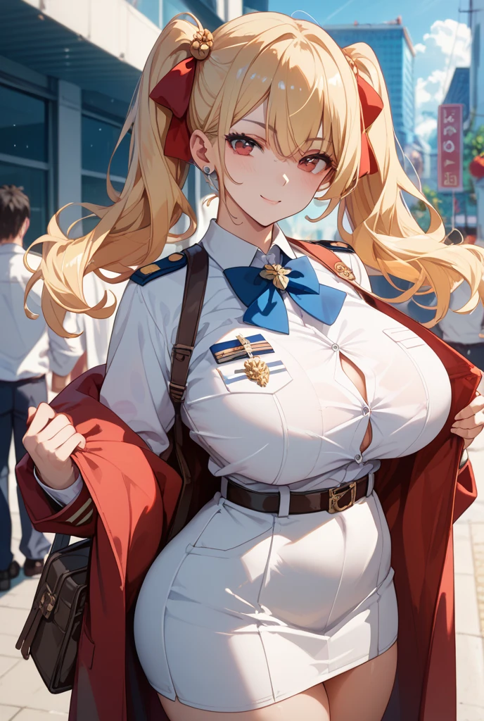(masterpiece, best quality:1.2),illustration,8k,hd,absurdres,1girl,solo,cowboy shot,sussex (azur lane),bangs,black footwear,black pantyhose,blonde hair,blue eyes,blue jacket,blush,brown belt,buttons,cropped jacket,eyebrows visible through hair,hair ribbon,large breasts,long hair,facing viewer,long sleeves,mole under eye,one side up,open jacket,red ribbon,short dress,white dress,straight hair,loafers,