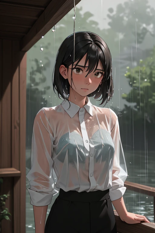 The young male character, dark hair standing outside, with visible raindrops of rainwater flowing down his face, indicates that the scene took place during a rain shower. The clothing looks like a simple dark-colored shirt, contributes to a gloomy or reflective atmosphere. The setting is outdoors against the background of the wall blur that hints at a wooden structure or fence, adds to the sense of a rainy day in the calm, lokasi tenang. The lighting is soft and diffuse, khas cuaca mendung, heightens the emotional tone of introspection or solitude. The overall composition emphasizes the character's posture and ketch serenity of the atmosphere of the drenched environment.