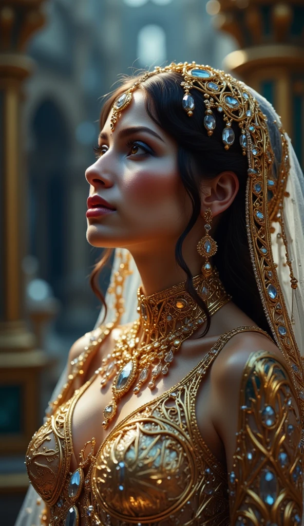 A woman with long black hair and an elaborate headdress adorned with jewels and feathers. She wears a white dress and many necklaces, one of which is a gold and diamond pendant. The image is set in the rain with street lights in the background.