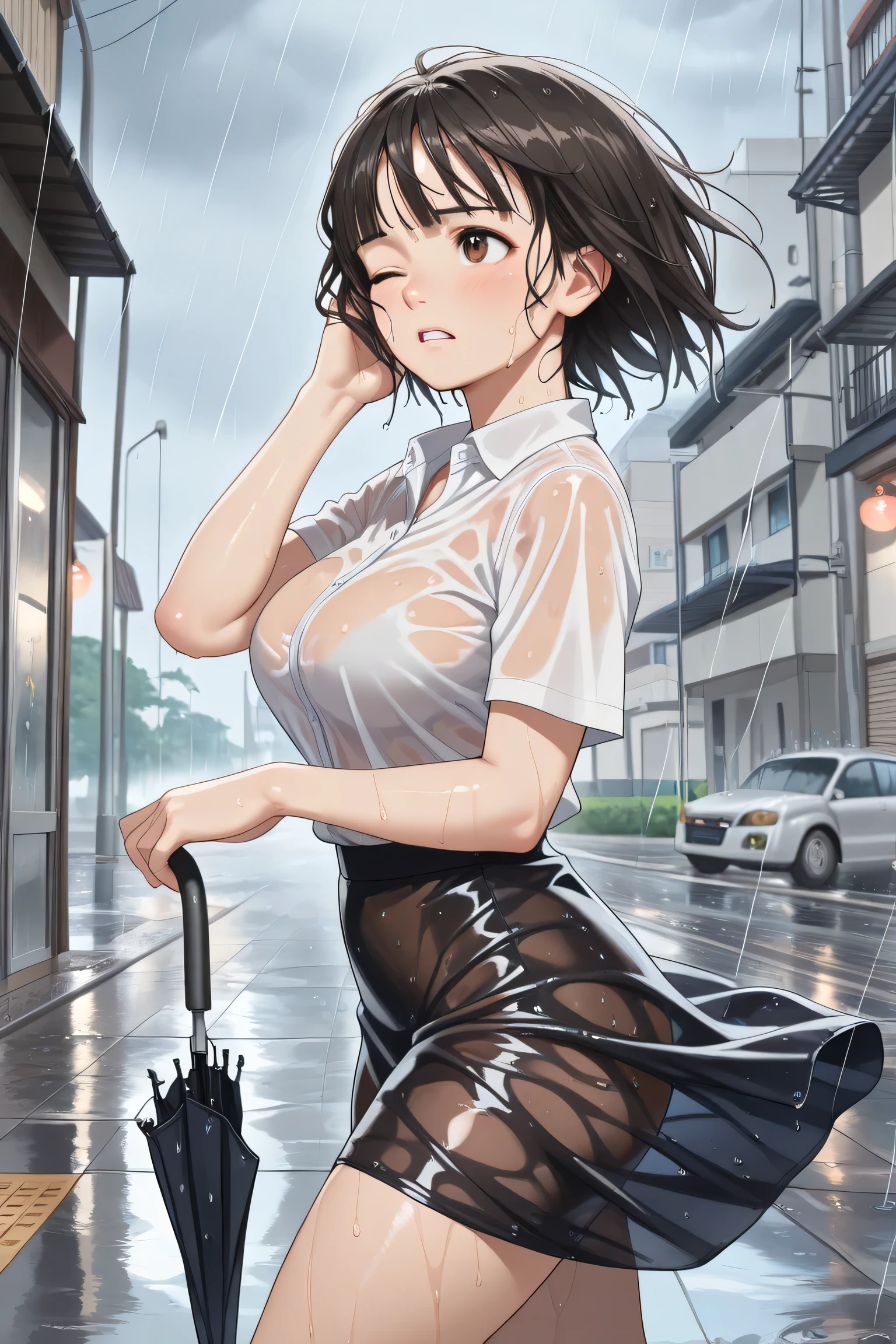Short brown hair)), Staring at us from the front, Beautiful brown hair, Clear brown eyes, Slightly chubby,Small breasts,The butt is small,(((Teasing Smile)) 、Wearing a white shirt、Rainfall、Water droplets fall、Wet your hair , Wet your shirt、Look to the side, (street:1.5), Cloudy、Dim landscape