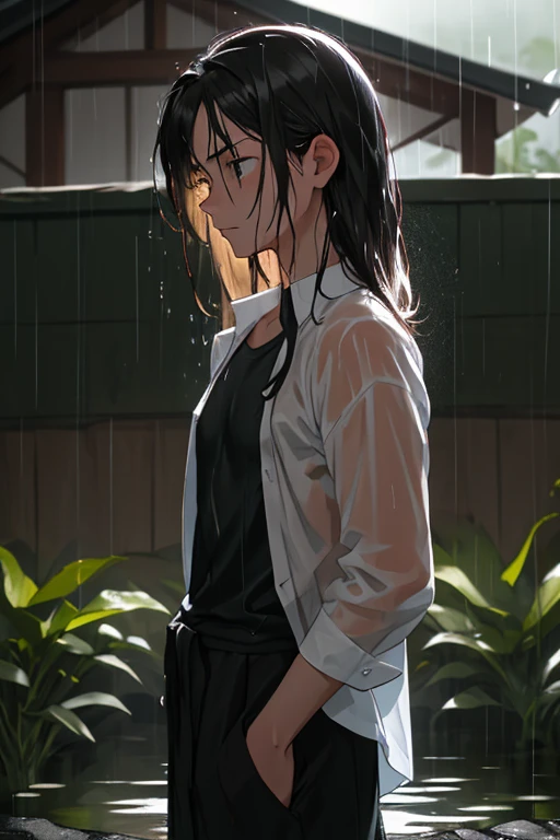The young male character, dark hair standing outside, with visible raindrops of rainwater flowing down his face, indicates that the scene took place during a rain shower. The clothing looks like a simple dark-colored shirt, contributes to a gloomy or reflective atmosphere. The setting is outdoors against the background of the wall blur that hints at a wooden structure or fence, adds to the sense of a rainy day in the calm, lokasi tenang. The lighting is soft and diffuse, khas cuaca mendung, heightens the emotional tone of introspection or solitude. The overall composition emphasizes the character's posture and ketch serenity of the atmosphere of the drenched environment.