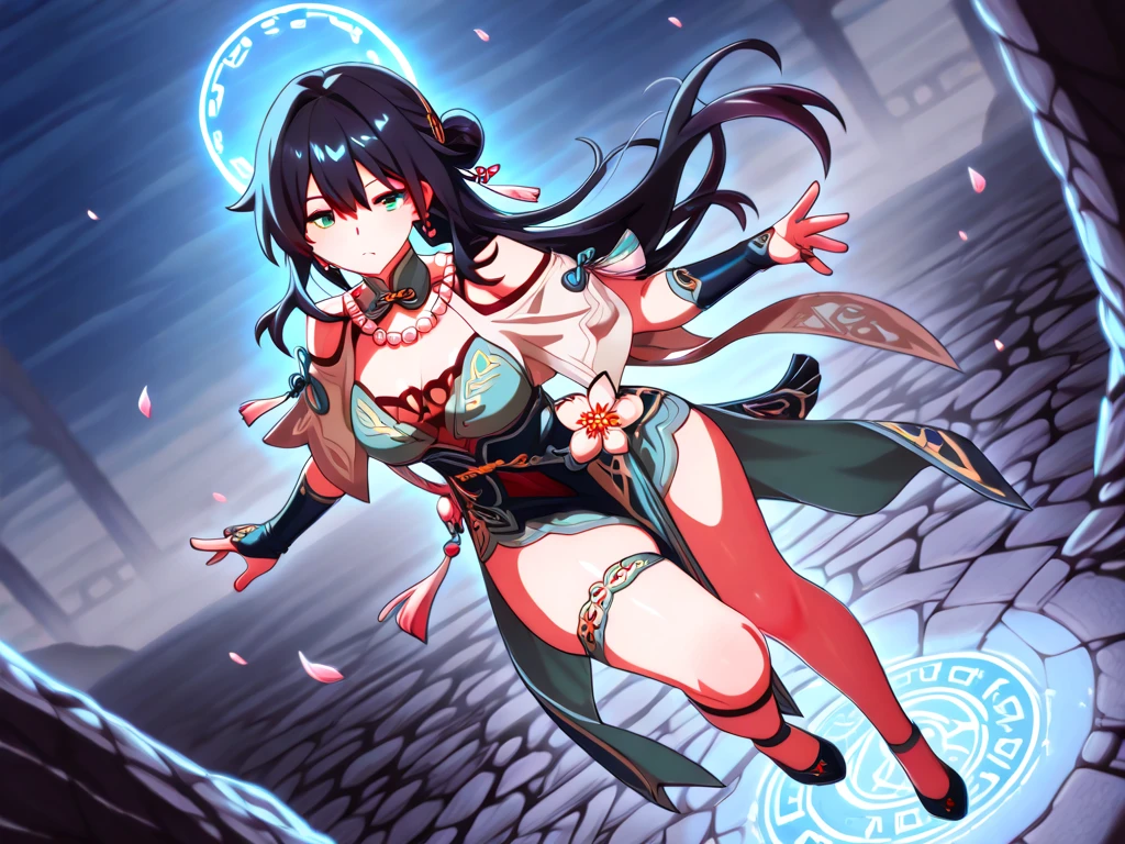 1 girl, japanese clothes, Horse tail ,semi green and semi black hair, green eyes, magic circle, blue Fire, blue flames, Wallpaper, landscape, blood, blood splatter, depth of field, evening, light particles, Light rays, side lighting, thighs, destiny \(series\), genshin impact, ****, open jacket, Skirt, thighs, cloud .culona .super big tits