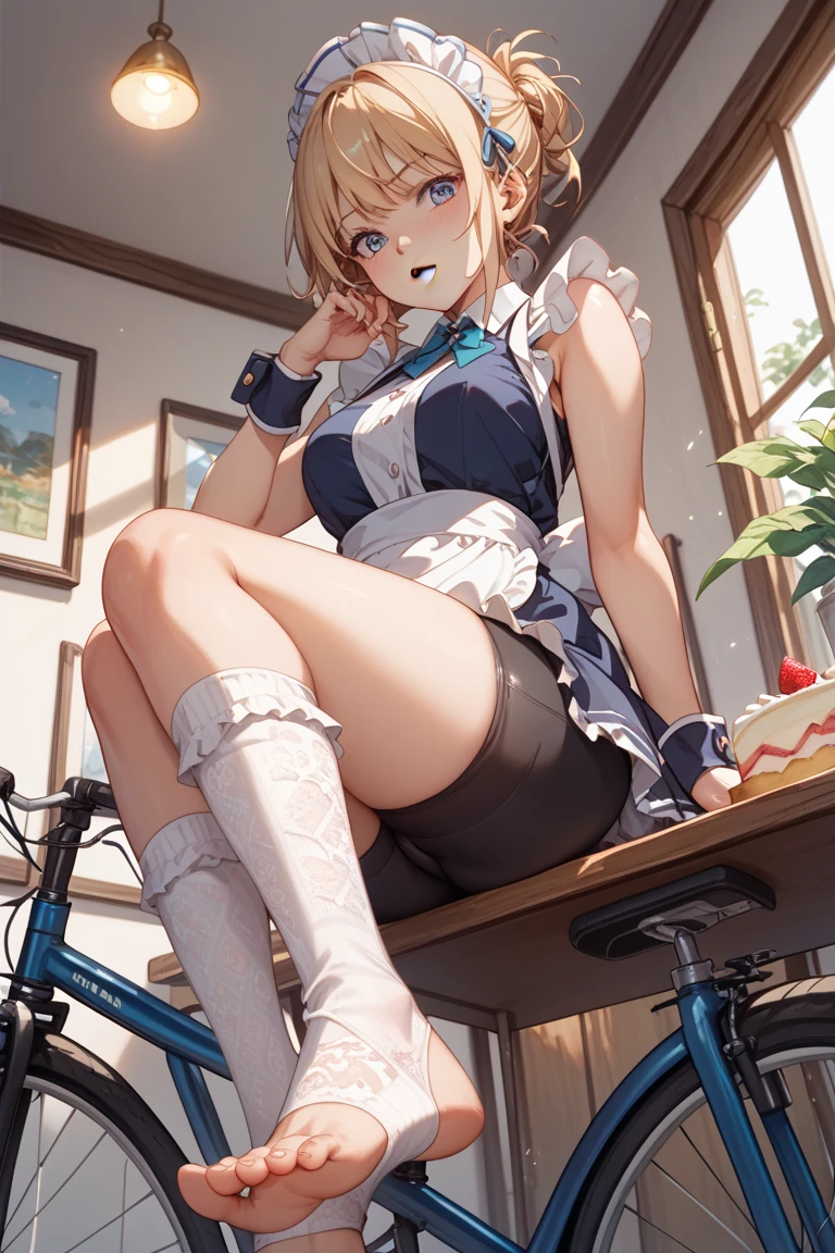(highest quality:1.5)、(Ultra-detailed:1.2)、1girl, solo, full body, furrowed brow, pantyhose, panties under pantyhose, panty shot, plaid panties, clothed, (spread legs, legs up, hold own thighs, lying, arms behind head), sweat, steam, (restrained, shackles), classroom, (skirt lift:1.2), show off bra